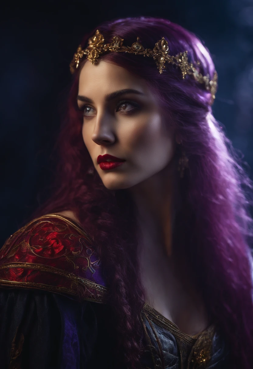 Woman, jellyfish, (feudal middle age:1.1), Slavic appearance, (long straight purple hair gradient pro red), (red eyes), (strong expression look), purple lipstick, fair skin, (black color gothic clothes with red details:1.1), yellow scales on the hands, cinematic lighting, mystical atmosphere, dynamic focus, ultra reality, ultra realistic, ultra quality, real, real texture:1.1, clothes less 1.1, 8k insaneres, absurd,