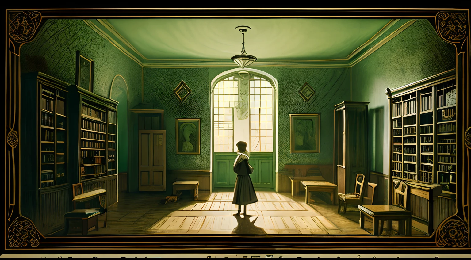 Delve into the enigmatic world of "The school's secret mission." Imagine a narrative-driven, digital painting, reminiscent of the narrative-driven work of Hieronymus Bosch. The camera used is a high-resolution DSLR, capturing every minute detail of the mysterious school grounds. The style pays homage to classical engravings, with intricate linework and meticulous cross-hatching. Lighting is akin to candlelit chamber scenes in historical dramas, casting dramatic shadows that enhance the atmosphere. The color palette revolves around dark, ancient tones of sepia, with intermittent bursts of eerie, mystical green. The composition follows a sprawling, intricate narrative, drawing viewers into the school's clandestine quest through hidden doors, cryptic symbols, and arcane books.