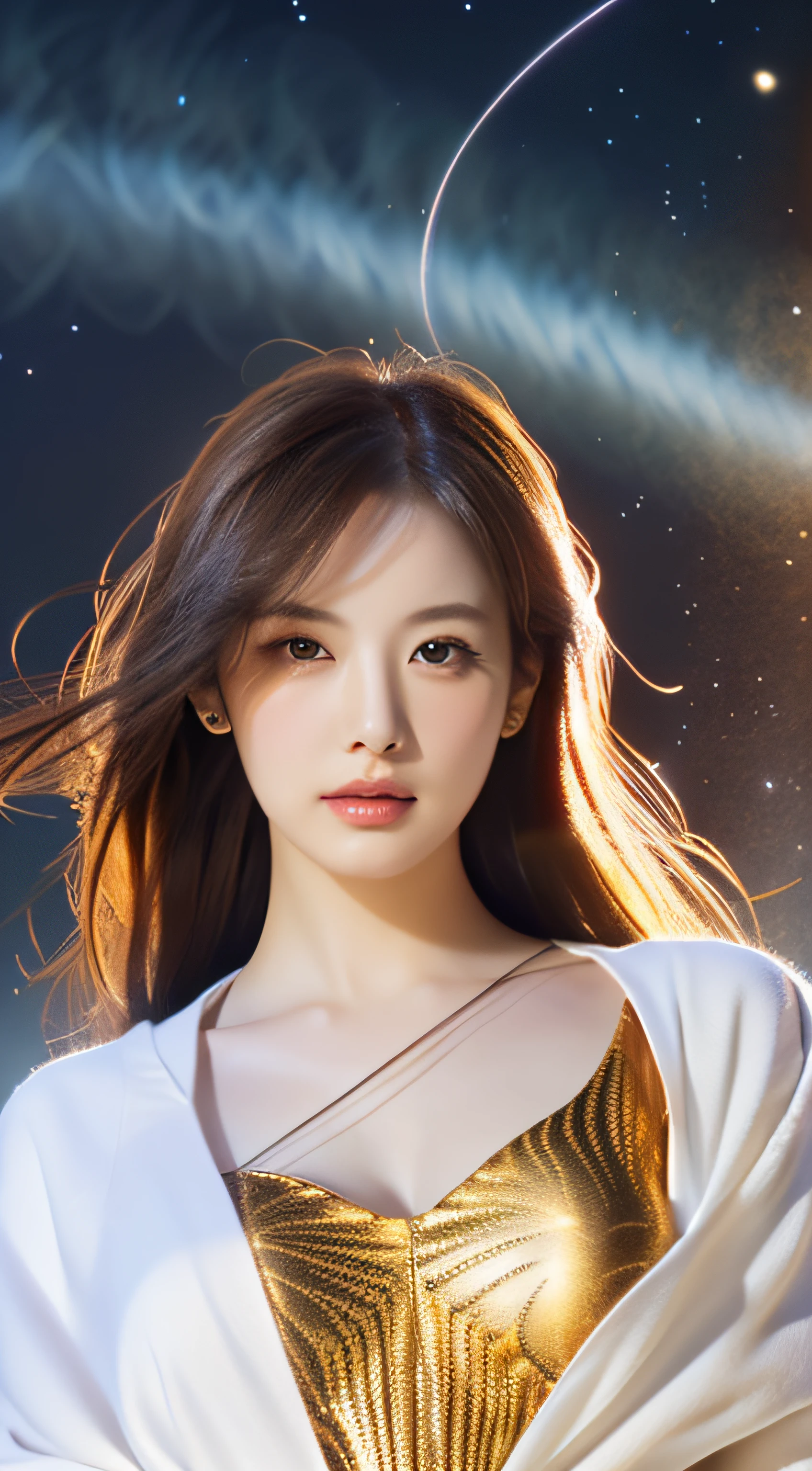(masutepiece, of the highest quality, Best Quality, Official art, Beautiful and aesthetic:1.2), (1girl in), extremely detailed eye, (Fractal Art:1.3), Colorful, highest details, (Perfect face), Shiny skin, nffsw, (White cloak golden lines:1.2), Galaxy, (light streaks), striking visuals, (Dynamic streaks, luminous trails:1.2), Vibrant colors, (phoenix), (shenron)