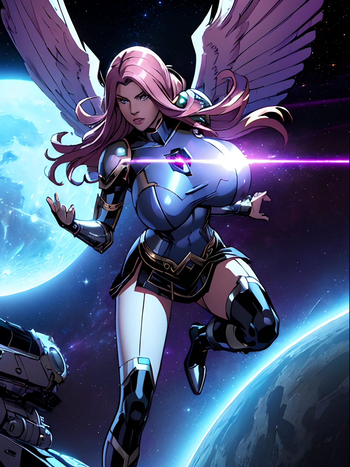 (Nude), selfie, fisheye lens, realistic, charismatic, very detail, there is a woman hovering in sky, wearing silver power ranger outfit, she is a power ranger, super hero theme, chromatic hair, 25 years old, thicc body, high saturation