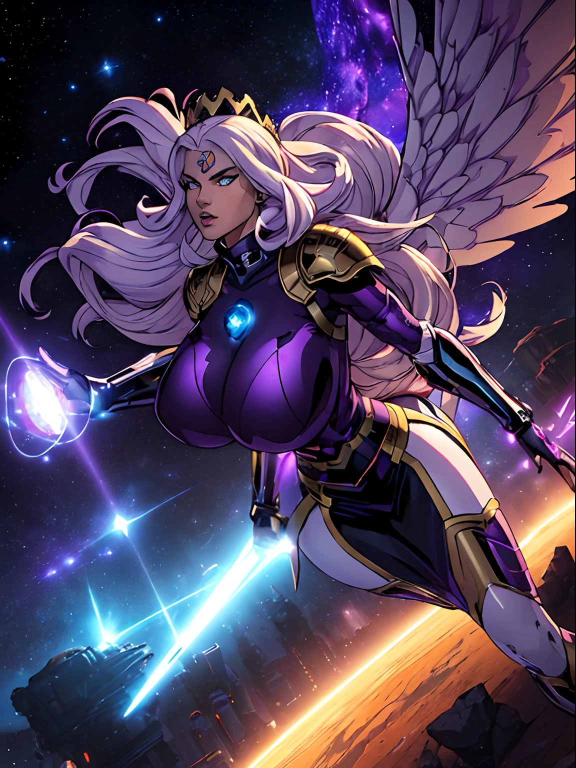 (masterpiece, top quality, best quality, official art, beautiful and aesthetic:1.2), (1girl:1.3), extremely long curly golden hair, extremely detailed, portrait, looking at viewer, solo, (full body:0.6), detailed background, close up, (cool science fiction space theme:1.1), extremely busty valkyrie, charlatan, mysterious, shooting lasers in space, cybernetic angel, huge feathered wings, chrome boob armor, dark purple streamers and skirts and sleeves and knee wrappings, cybernetic implants, mechanical hand, laser cannon, arm cannon, revealing chrome armor, bare midriff, glowing laser energy, crown, halo, intricate armor, ornate chrome armor, sheer white fabric, elegant purple fabric, skirts, streamers, cowl, boots, bracers, ((((gigantic breasts))), slim waist, slim hips, long legs, athletic, SPACE, futuristic moon, (space exterior:1.1) background, dark mysterious lighting, shadows, magical atmosphere, dutch angle