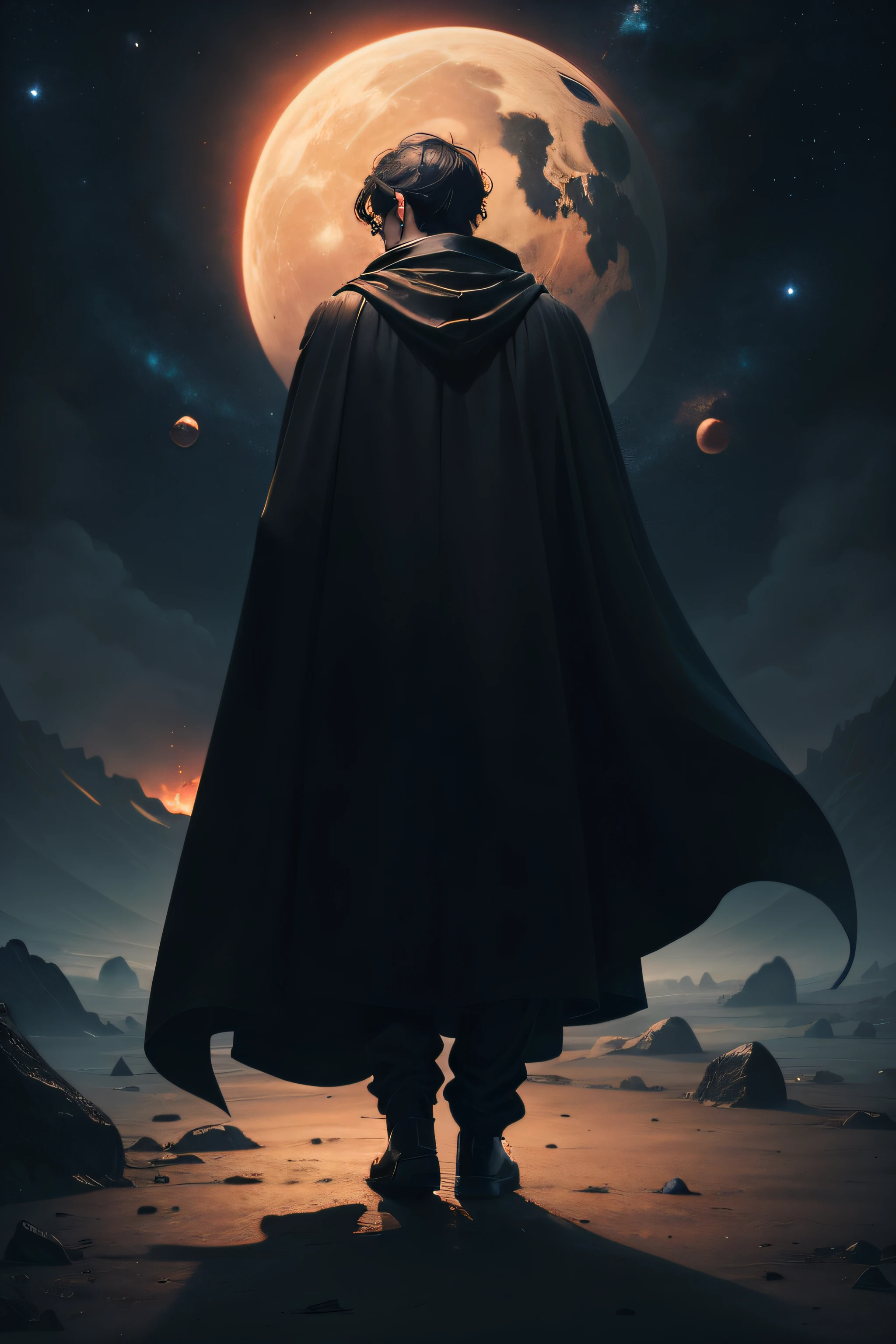 A man in a black cloak with his back against the background of planets