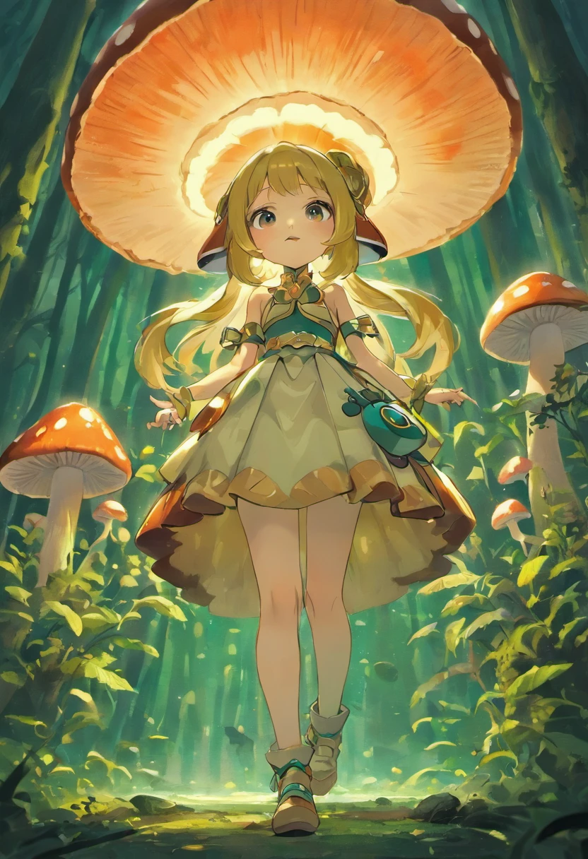 ((top-quality))、((tmasterpiece))、((Full body photo of anthropomorphic male mushroom))、((very simple background))、(Game character design)、seaside backgroud、Mushroom anthropomorphic monsters、(Moss and mushrooms merge with the body,)、luminous body、Beastman、Ornaments with mushroom motifs、独奏、Fighting posture