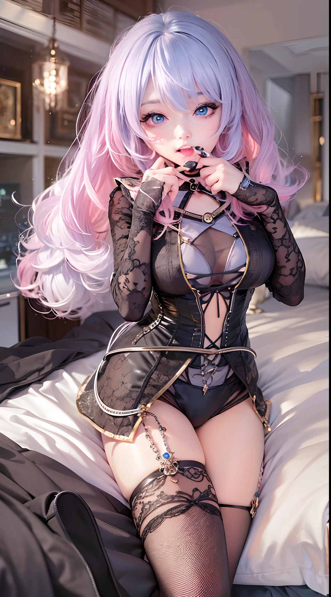 ((Top quality, 8K, masuterpiece: 1.3)), Clear focus: 1.2, Solo: 1.2, Beautiful Women in Perfect Figure: 1.4, Slender abs: 1.2, ((layers-Cut, : 1.2)), ((Beautiful lighting)), Wet body: 1.5, Very detailed face and skin texture, A detailed eye, face, 二重まぶた, Blue eyes, Pink hair, Medium shine hair, Open mouth: 1.3 , ((Tongue out: 1.5)), ahegao, ((Red corset: 1.5)), mitts, Boots, Bondage, Slave collar, Tight stockings, panties aside, putting makeup on, a mole on chest, Bed, Areola Slip, the eyes are turned up, Thin legs, Thin thighs, lying down, From above,