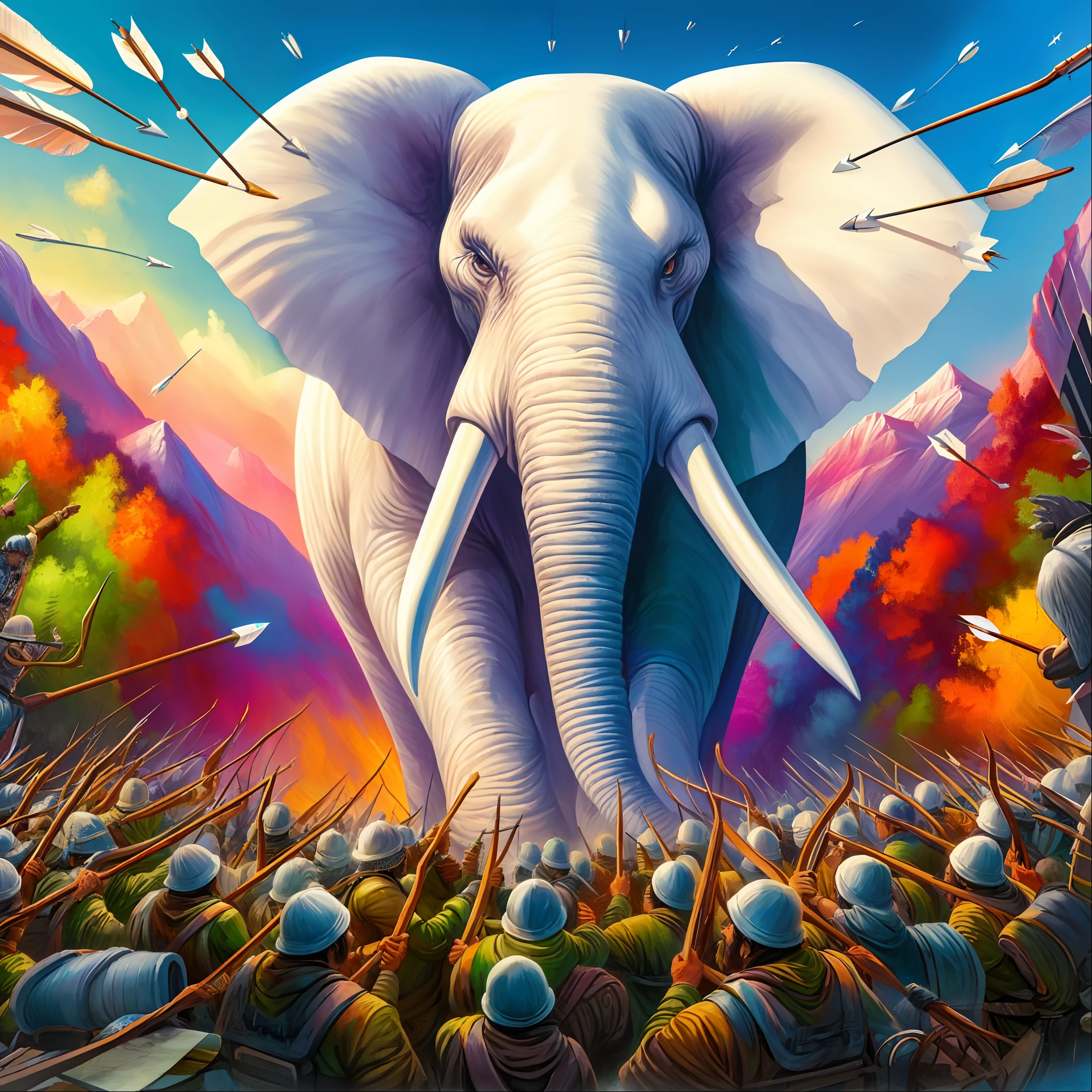 elephants are standing in a field with arrows flying in the sky, epic full color illustration, epic surrealism 8k oil painting, symmetrical epic fantasy art, detailed painting 4 k, high detailed official artwork, an enormous elephant king, rob mcnaughton, extremely high quality artwork, a beautiful artwork illustration, colored elephant art, epic painting, award - winning epic painting