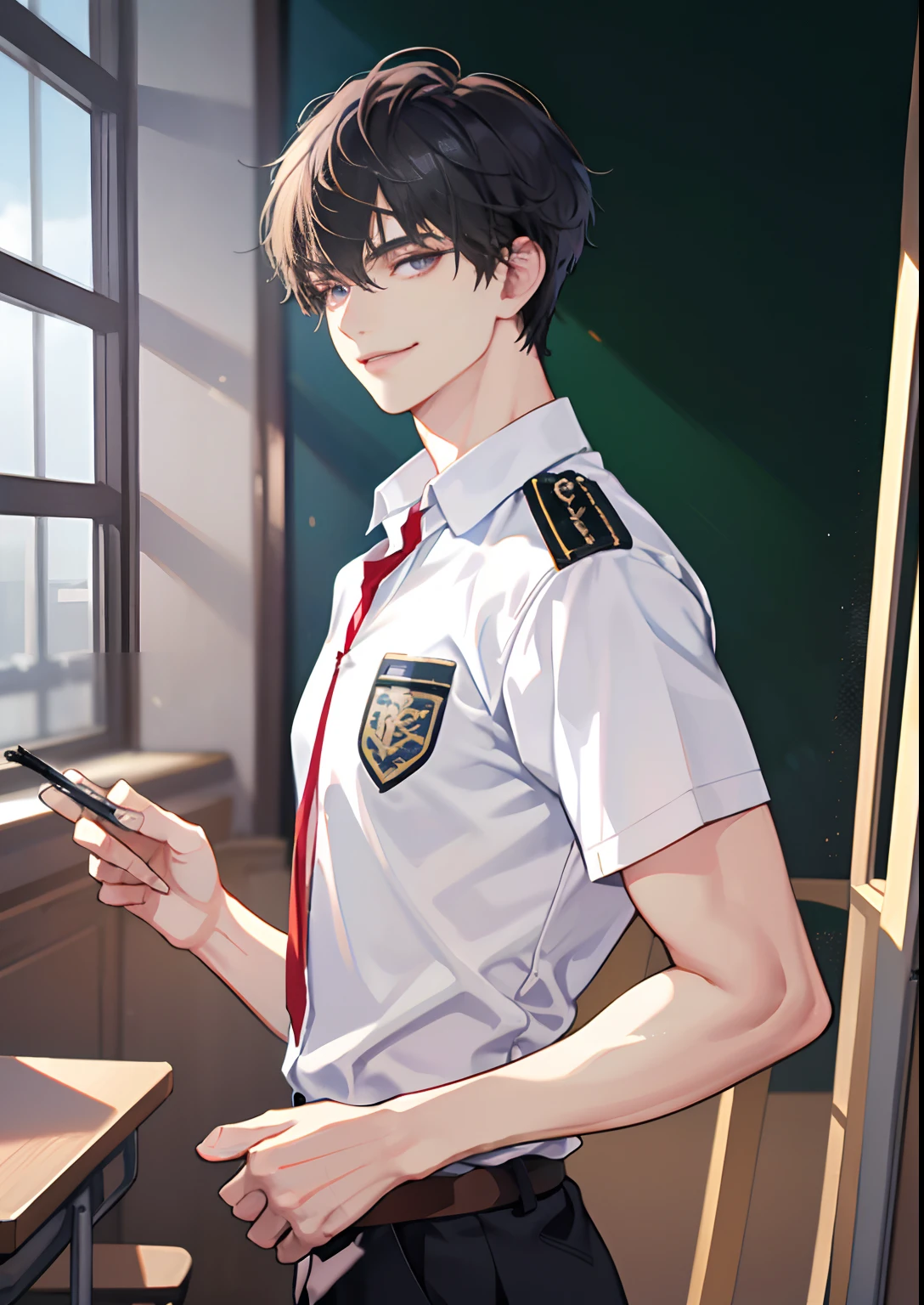 masterpiece, best quality, 1man, short hair, hair trimmed short, very short hair tousled back, comma bangs, handsome student, solo, trendy, ash hair, purple eyes, lean body, tall body, skinny, masculine, alpha male, clean shaven face, broad shoulders, tiny waist, modern, man wears korean school uniform, sophisticated uniform, black trousers, white uniform, student council badge, specs, half body shot, CG 8k, high school student, smirking, perfect anatomy, correct limbs, looking at viewer, in school classroom
