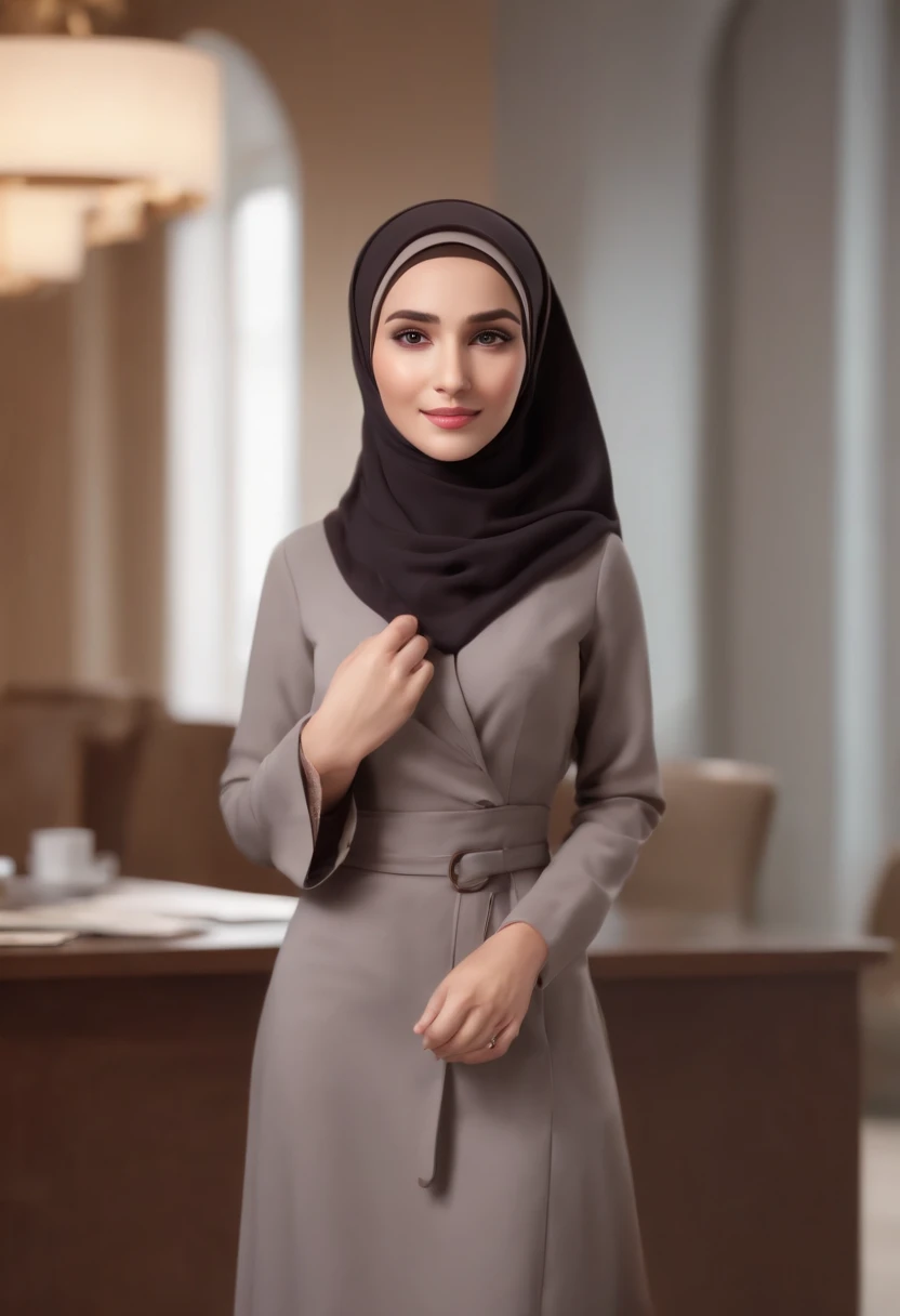 cartoon style businesswoman full body, brown hair , wearing hijab, character sheet