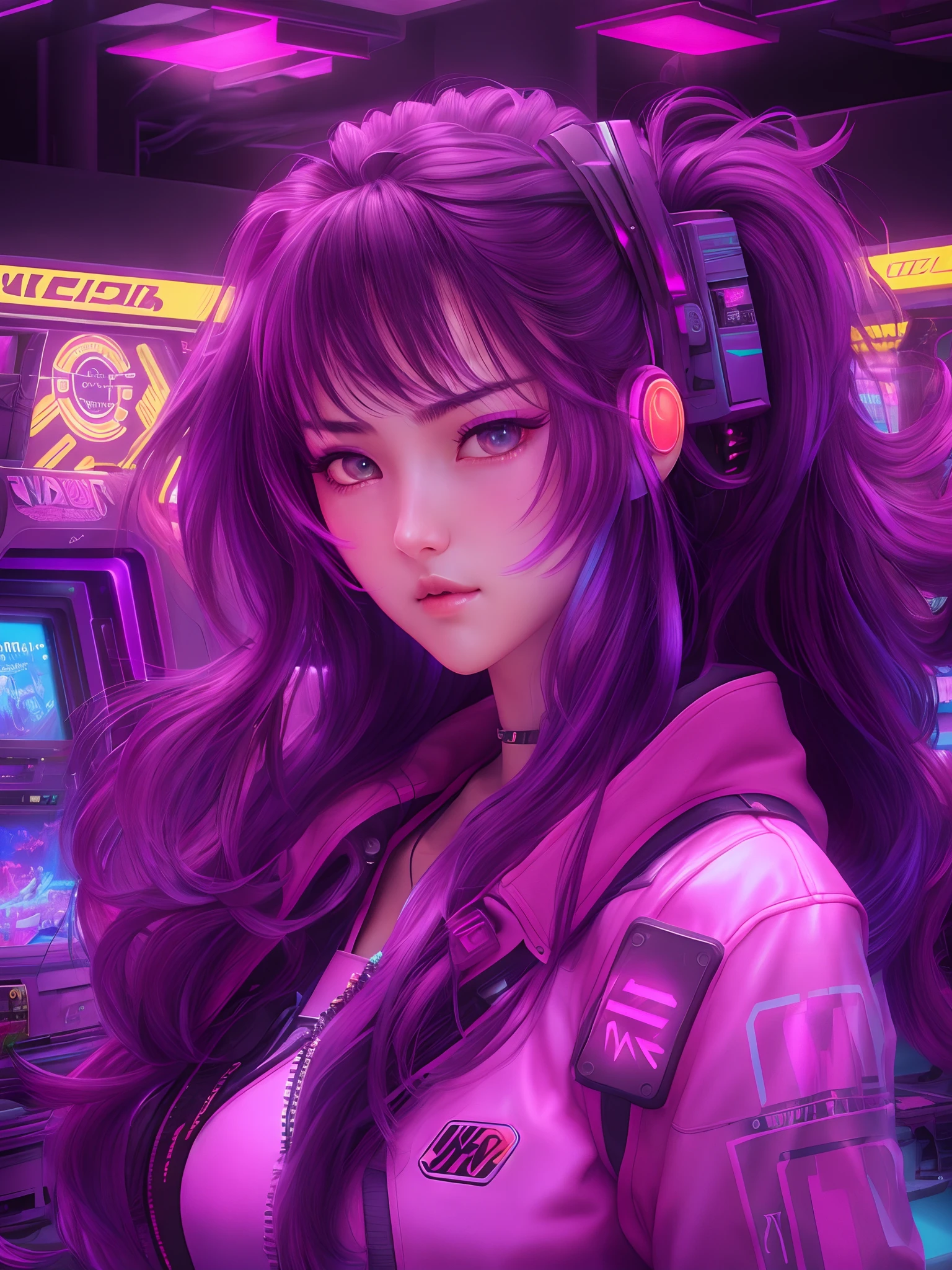 (k hd,tmasterpiece:1.2).Cyberpunk arcade。。。。。。,Large arcade game consoles,Serious girl,,3Drenderingof,neonlight,
