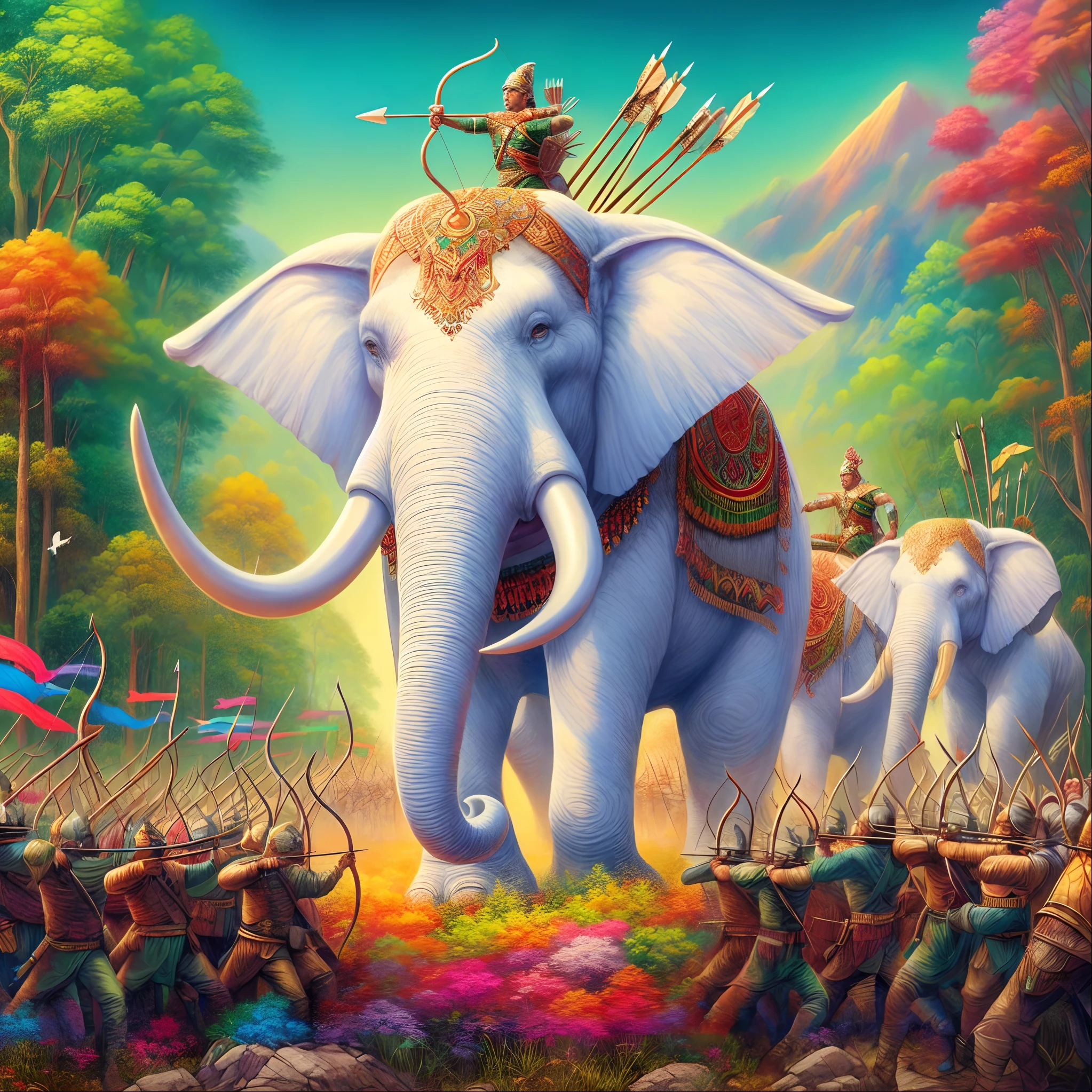 painting of a man riding an elephant with a bow and arrows, an enormous elephant king, symmetrical epic fantasy art, an elephant king, greg hildebrandt highly detailed, colored elephant art, triumphant, epic surrealism 8k oil painting, fantasy painting hd, colorfull digital fantasy art, focus on the elephant, awesome, detailed fantasy digital art, award - winning epic painting