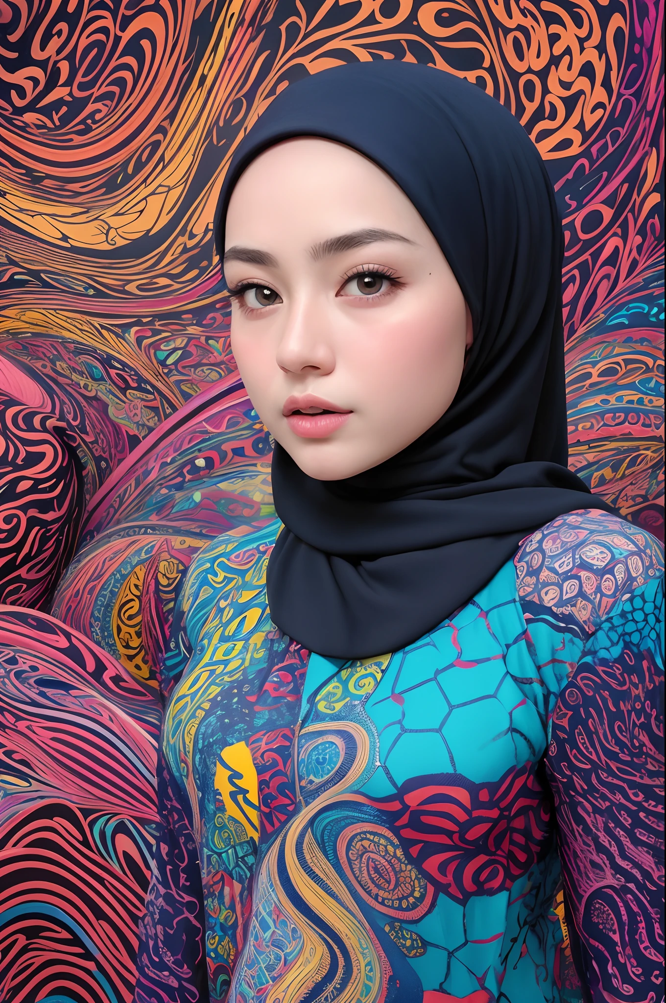 ,1girl, solo, pretty face, eyelashes, nose, glossy lips, (detailed eyes, looking at viewer, fair skin, white skin: 1.5), smooth skin, wearing hijab, 8k portrait of beauty in hijab, intricate, graceful, highly detailed, majestic, digital photography, hyper realistic, Masterpiece, Best Quality, All parts of the body except the face and hands are covered with clothing, Tudung, ((do not let the hair come out of the hijab)), full hijab, ((all parts of the body covered by clothes except the face)), Best Quality, (graffiti:1.5), paint splatter, jacket, On wall, paint can, looking at viewer, head slanted, inspired by Shunkōsai Hokushū, inspired by Tsukioka Yoshitoshi, inspired by Utagawa Kuniyoshi, inspired by Ryūkōsai Jokei, inspired by Gatōken Shunshi, inspired by Kanō Hōgai, (masterpiece, top quality, best quality, official art, beautiful and aesthetic:1.2), (1girl:1.3), extremely detailed,(fractal art:1.2),colorful,highest detailed,( zentangle neon:1.2), (dynamic pose), (abstract background neon:1.5), (treditional dress:1.2)
