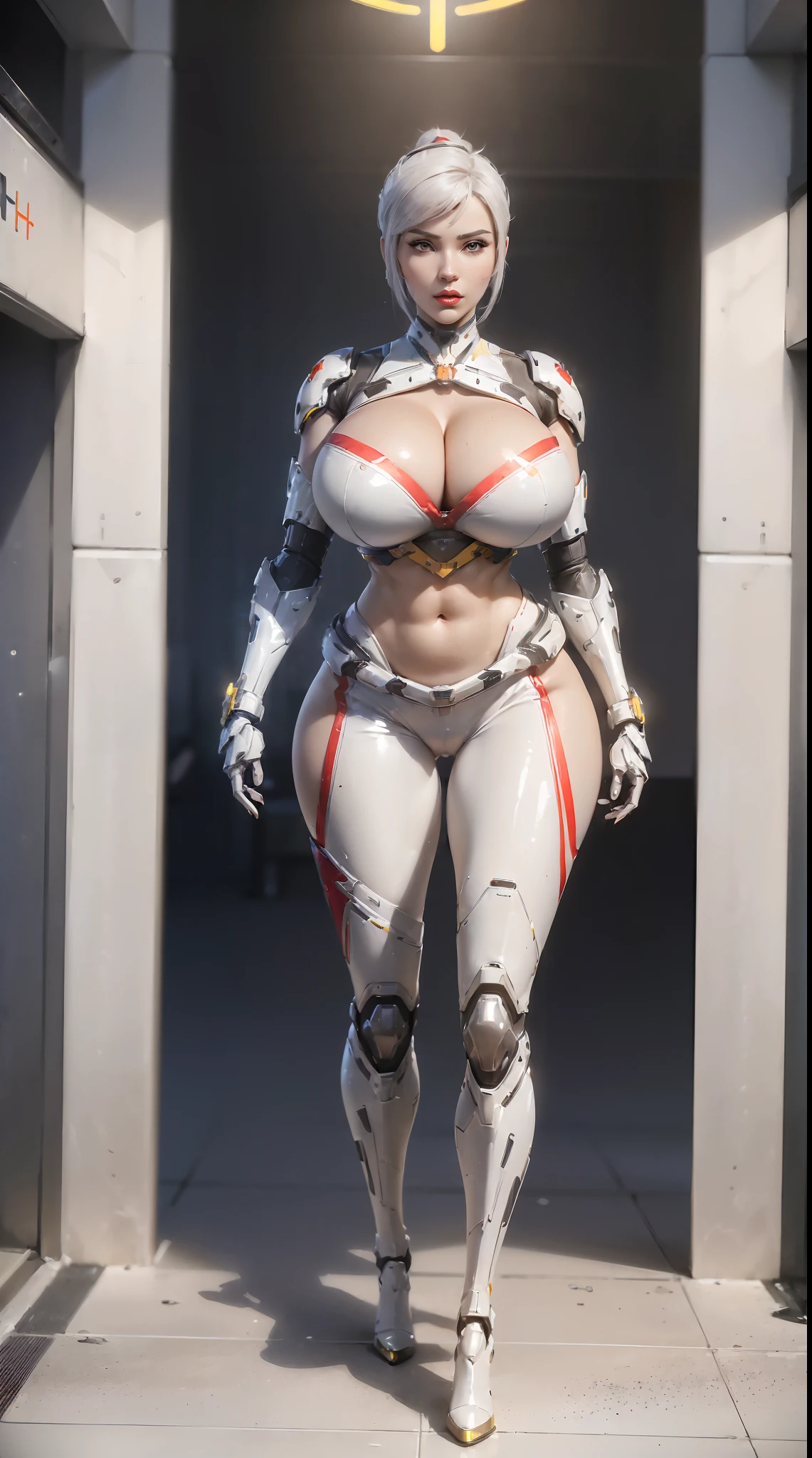 (1GIRL,SOLO:2), (super detailed face), ((BIG BUTTOCKS, HUGE FAKE BREASTS:1.5)), (CLEAVAGE TOP:1.5), (MUSCLE ABS:1.4), (MECHA GUARD ARM:1.5), ((WEARING WHITE RED OVERWATCH MECHANICAL SHINY HEAVY ARMORED CROP TOP, MECHA GUARD ARMOR LEGS, HIGH HEELS:1.6)), (LEWD VOLUPTUOUS BODY:1.3), (GLOWING SKIN:1), (LONG LEGS, FULL BODY:1.3), (LOOKING AT VIEWER:1.3), (female focus:0.886), (WALKING DOWN HALLWAY OF FUTURISTIC SPACE STATION:1), (BRIGHT LIGHT WHITE_ROOM:1.3), SUPER TEXTURE, UNREAL ENGINE RENDER, PHYSICALLY-BASED RENDERING, ULTRA HIGHT DEFINITION, 16K, 1080P.
