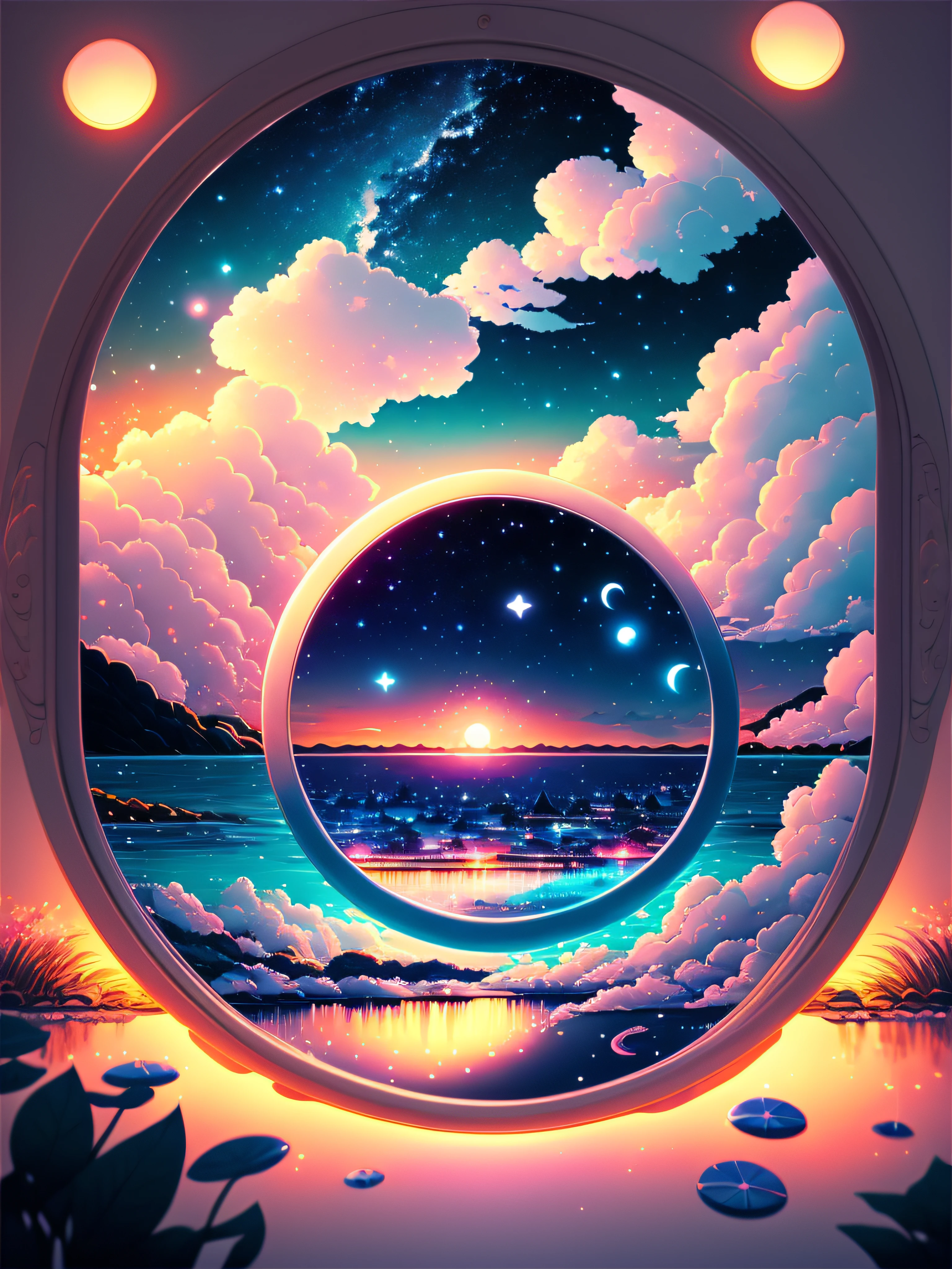 1 rapariga, The eye, a closeup, the beautiful night sky, Meteor swarm, Beyond the Clouds, Enclosed water, Reflectors, Wide Angel, Breathtaking clouds, wide angles, by makoto shinkai, tomas kinkade, by james gilleard, by Holosomnia Landscape, HDR, Volumetric lighting, Ray traching, Complex and high detail, ighly detailed, Deviant, 4k vertical wallpaper, colourfull、Airy、anime illustrated、anime nature wallpaper、a smile