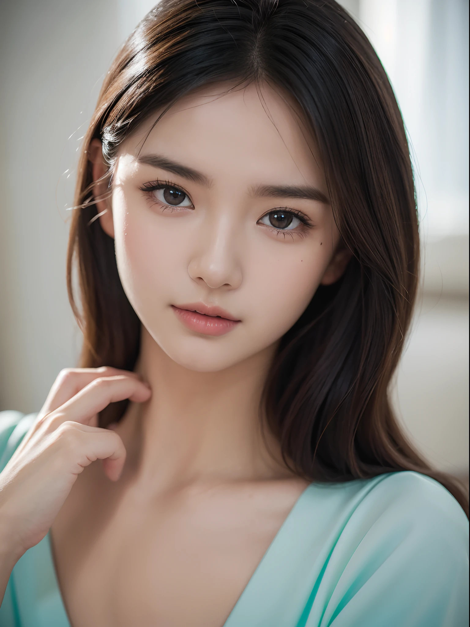 ((masterpiece、highest quality、realistic、Super detailed、High resolution、Photoreal、sharp focus、cinematic lighting))、Stunning portrait of a beautiful woman、3/5 shot、high contrast、high color saturation、With an oval face and symmetrical facial structure、Big eyes、Khazar eye color、almond shaped eyes、Straight and balanced nose、Soft wavy black hair、heart-shaped lip、Perfect eyebrows、perfect ears、soft skin、pale white skin、Raise your chin slightly、closed your mouth、smile 、plain background、focus from the chest up