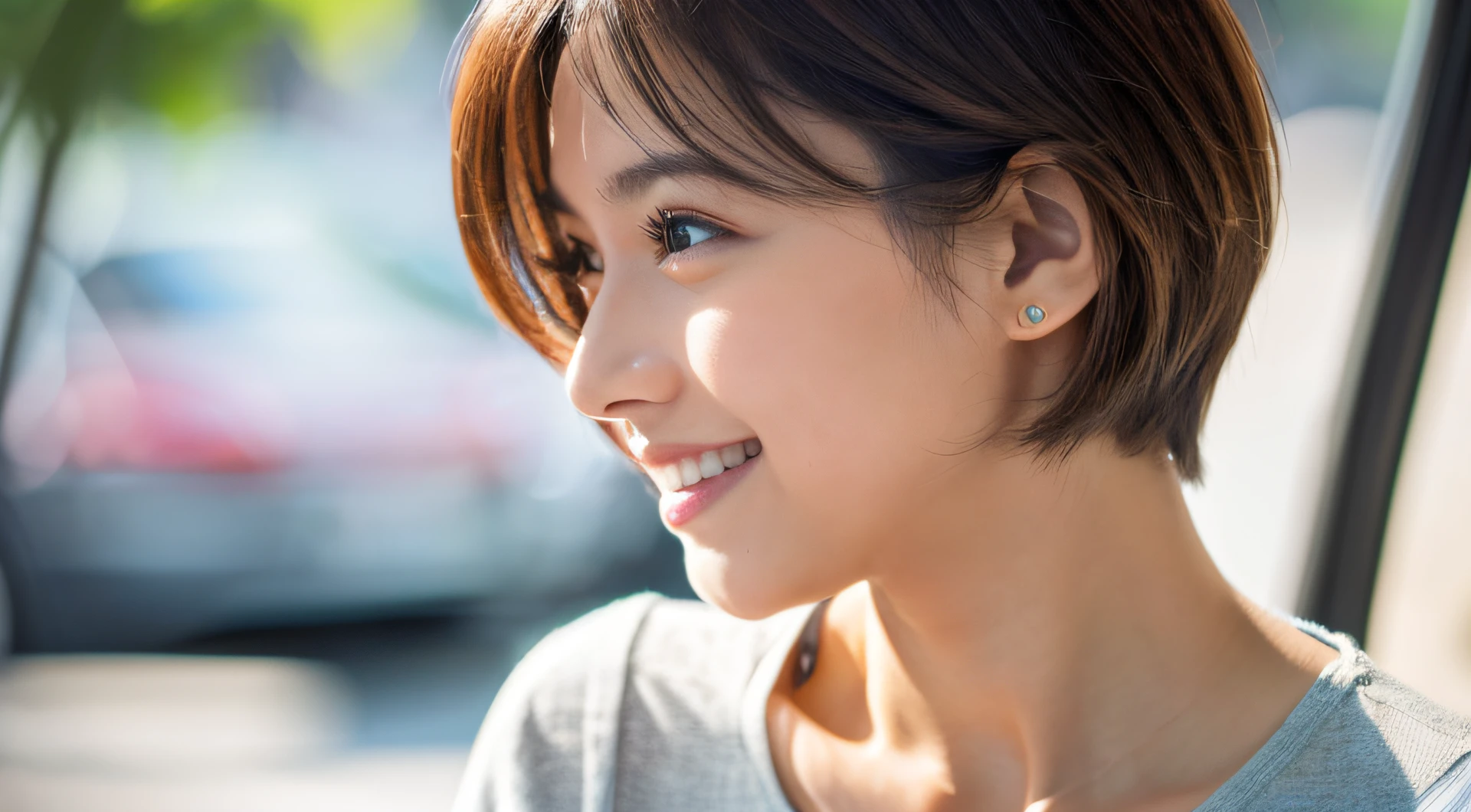 (in 8K, top-quality, masterpiece:1.3, 超A high resolution, A hyper-realistic), high detailing, ((Face like the real thing)), Photorealsitic, Raw foto, ((one beautiful women)), 27yo, Detailed face, beautidful eyes, realisticeyes, Eyes in Beautiful Details, (real looking skin), Beautiful skins, enticing, depth of fields, hight resolution, High pixel count, clear details, sharp photo, Natural color reproduction, Noise Reduction, High fidelity, quality, Software Updates, Optimized algorithms, Stylish café terrace, Everyday clothes, Neat and clean clothing, perfect bodies, face perfect, perfect chest, perfect teeth, Perfect tooth alignment, small tits, Sexy lips, Ears are visible, Looking away, Natural perspective, (Don't look into the viewer's eyes), a smile, kindly smile, Beautiful skins, enticing, the golden ratio, (Detal Face:1.2), profetional lighting, Lighting the face, best light, japanes,japanaese girl, Photo of a cute Japanese woman, Small necklace, Thin Silver Necklace, simple background, (Photo from the side:1.2), Casual pose, Short hair swaying in the wind