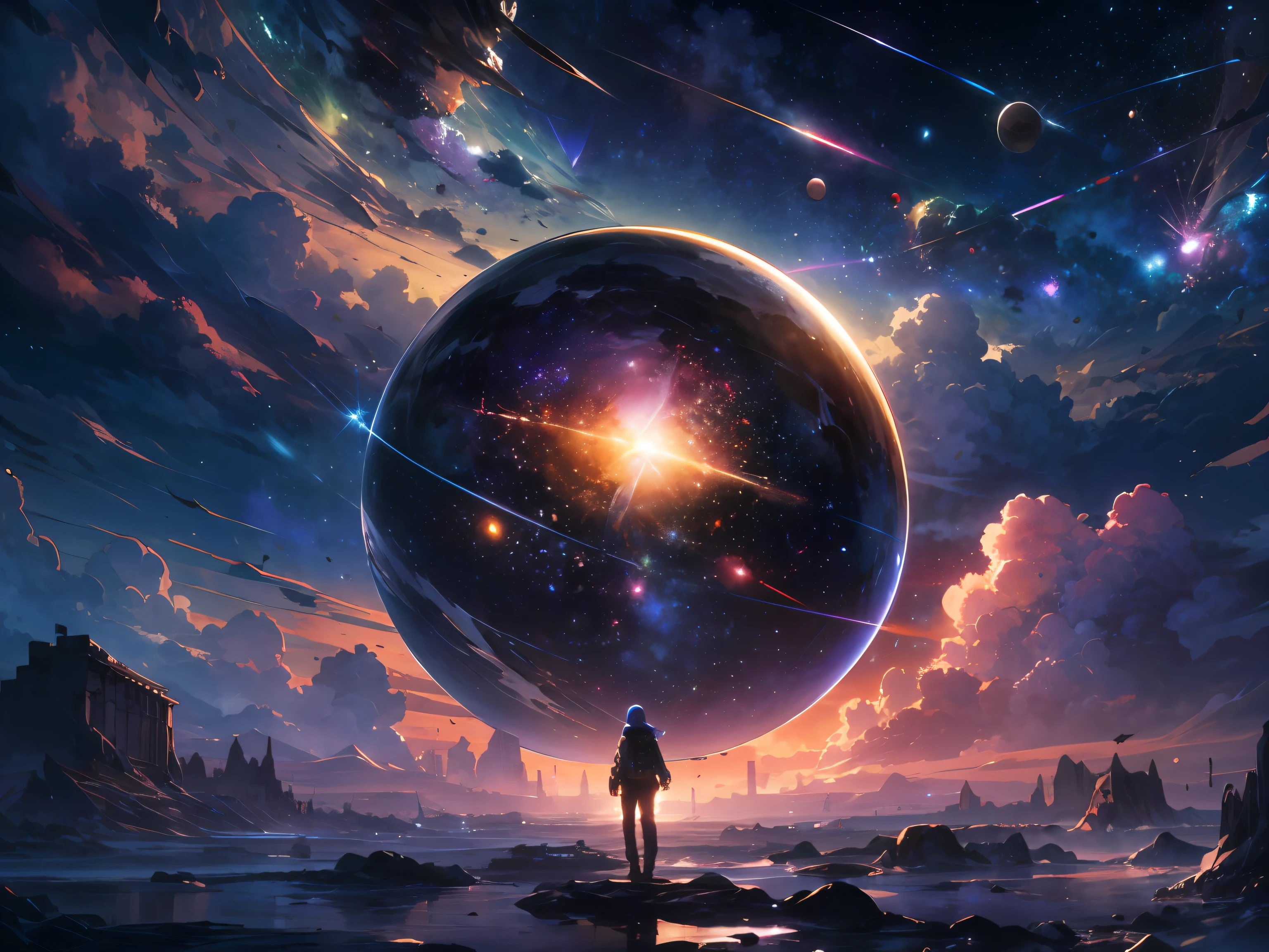 Desenhe um jovem com poderes, Standing on a research platform floating in the middle of an asteroid belt, vire as costas para os espectadores, from behind, surrounded by several shining asteroids with auras of fire break The dramatic illumination of distant stars and planets illuminates the scene, casting deep shadows on the costume, looking at the vast and mysterious universe with wonder and respect, quebrar, detalhado, realista, 4k arte digital altamente detalhada, Renderizar octanagem, bioluminescente, break 8K resolution concept art, Realismo, by Mappa Studios, obra-prima, melhor qualidade, Arte Oficial, illustration, Linha clara, (Fresco_Cor), perfect compositio, absurdos, fantasia, focado, rule of thirds
