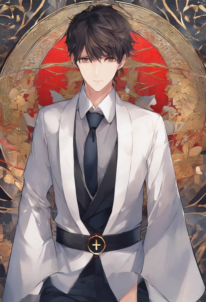 Tall and handsome brunette man，The right eye is golden, the left eye is red heterochromia，There is a cross tattoo on the forehead，Magister，robe，Handsome，Best quality, Ultra-high resolution, 4K detailed CG