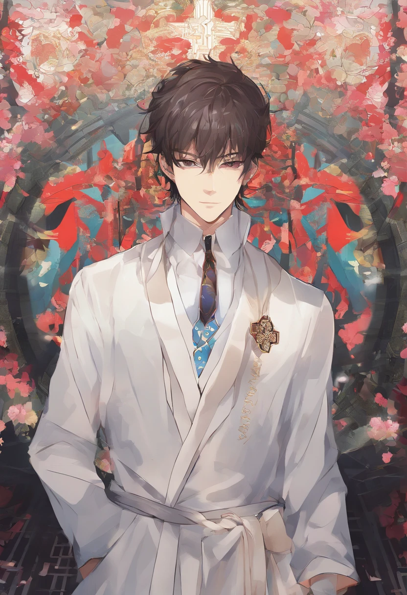 Tall and handsome brunette man，The right eye is golden, the left eye is red heterochromia，There is a cross tattoo on the forehead，Magister，robe，Handsome，Best quality, Ultra-high resolution, 4K detailed CG