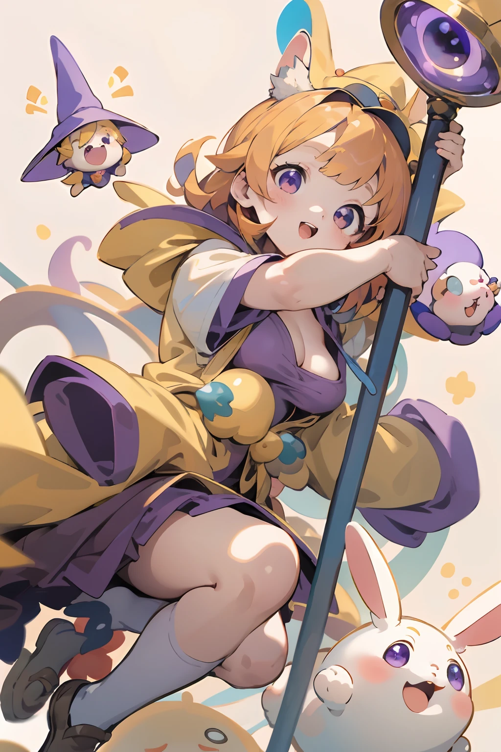 best qualtiy、1girl in、Baby face、Smile with open mouth、cute little、kawaii eyes、roundly eyes、big eye、Sauce order、a purple eye、Rabbit ears、Bangs Patsun、yellow hair、Yellow Wizard Clothes、Colossal tits、cleavage of the breast、Wizard Hat、The wizard's big wand、micromini skirt、teak、Perched、simple background、