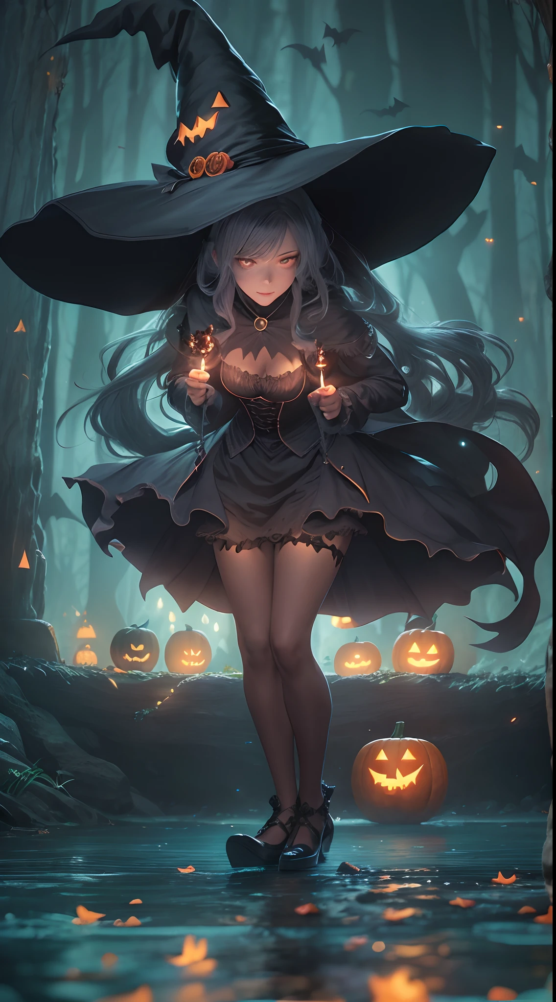 A Witch, full body dynamic poses, witch enjoy a halloween party night, small waterfall, glowing Jack-o'-lantern, half moon, focused blurred background, ultra high detailed, rich light, rendered by advanced micro devices (AMD RX 7900), 24K super HD resolution, night light effect