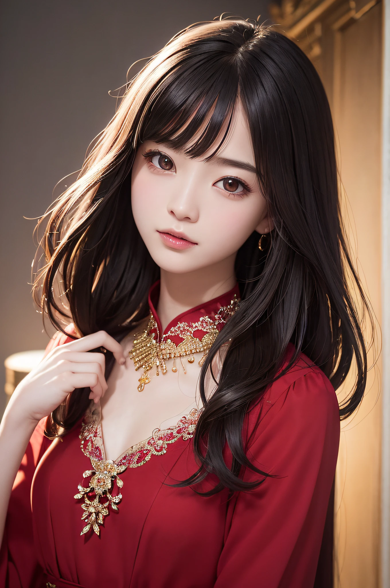 (​masterpiece、top-quality、top-quality、Beautifully Aesthetic:1.2)、(1girl in:1.3)、(Fractal art:1.3)、absurderes、​masterpiece、top-quality、realisitic、ultra-detailliert、(shinny skin)、Look at viewers、A slender、1girl in、独奏、stright long hair、Princess Cut、red eyes、动态照明、hight resolution、foco nítido、depth of fields、 tiny chest、Vampires、​masterpiece、top-quality、ultra-detailliert、Super detailed face、best quality face、２0 years old、Adults、1girl in、２0 years old、No humans、white  hair、Alchemy costume、Intricate detailed costumes、sexy  pose、Glowing red dress