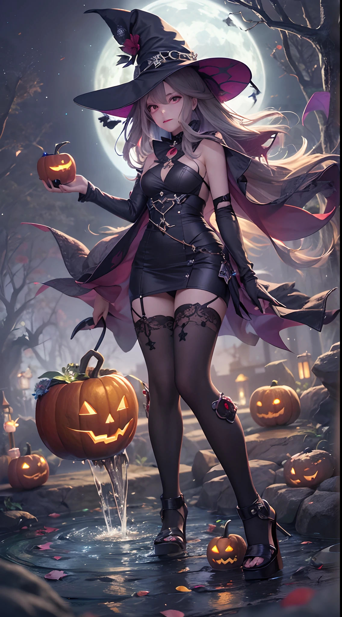 A Witch, full body dynamic poses, witch enjoy a halloween party night, small waterfall, glowing Jack-o'-lantern, half moon, blurred background, ultra high detailed, rich light, rendered by advanced micro devices (AMD RX 7900), 24K super HD resolution, night light effect