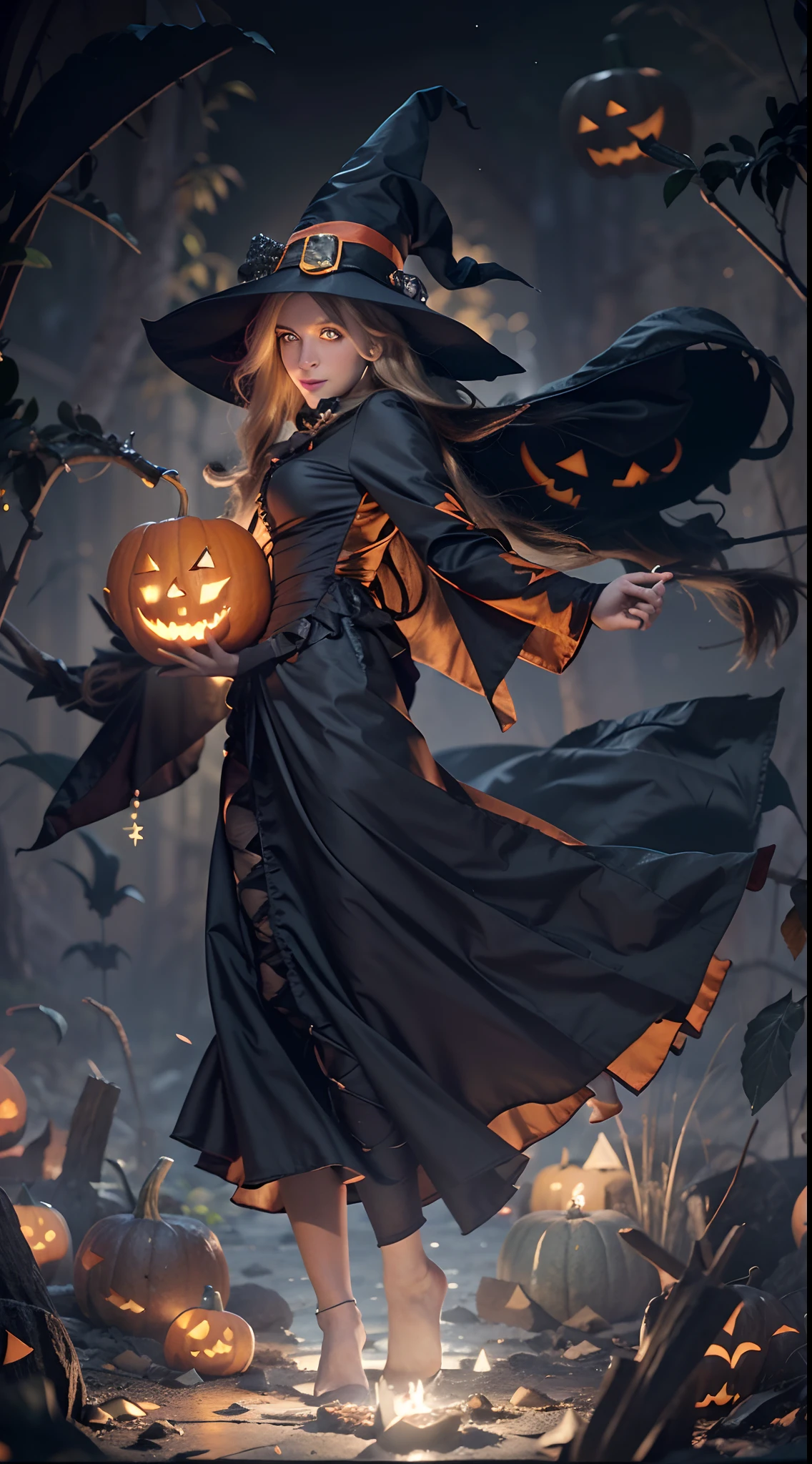 A Witch, full body dynamic poses, witch enjoy a halloween party night, small waterfall, glowing Jack-o'-lantern, half moon, blurred background, ultra high detailed, rich light, rendered by advanced micro devices (AMD RX 7900), 24K super HD resolution, night light effect