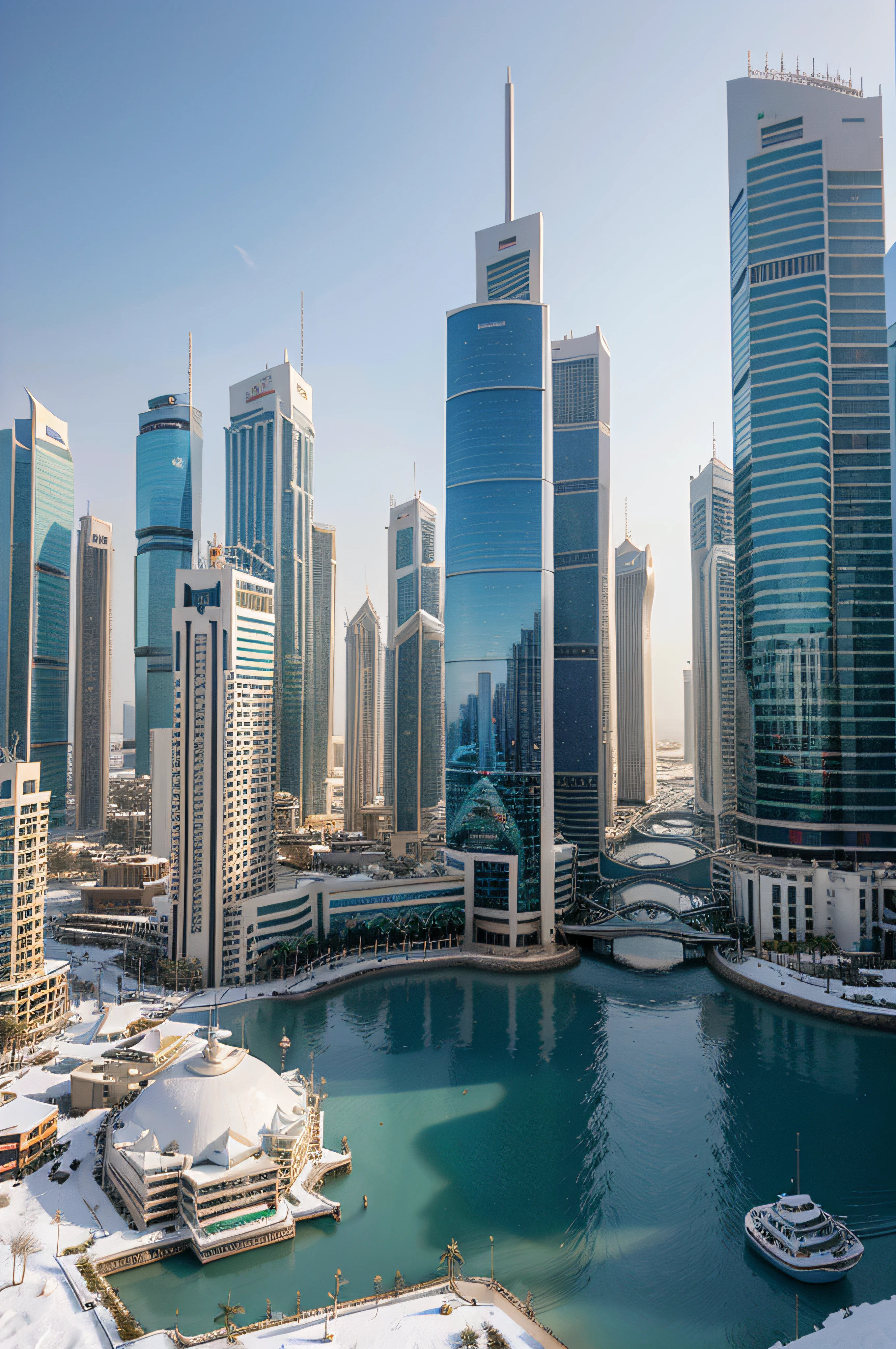 futuristic city of kingdom of bahrain, manama, winter with snow flake, bright color, white and blue, cold, 4K, realistic,beautiful and awesome artwork,