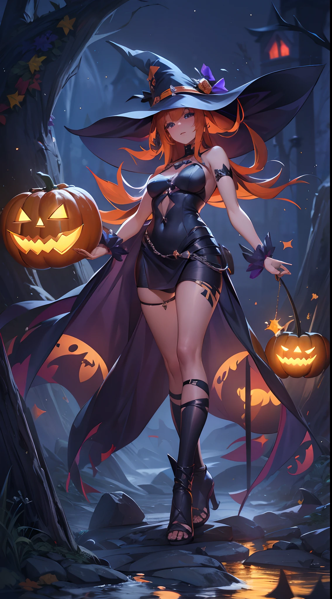 A Witch, full body dynamic poses, witch enjoy a halloween party night, small waterfall, glowing Jack-o'-lantern, half moon, blurred background, ultra high detailed, rich light, rendered by advanced micro devices (AMD RX 7900), 24K super HD resolution, night light effect