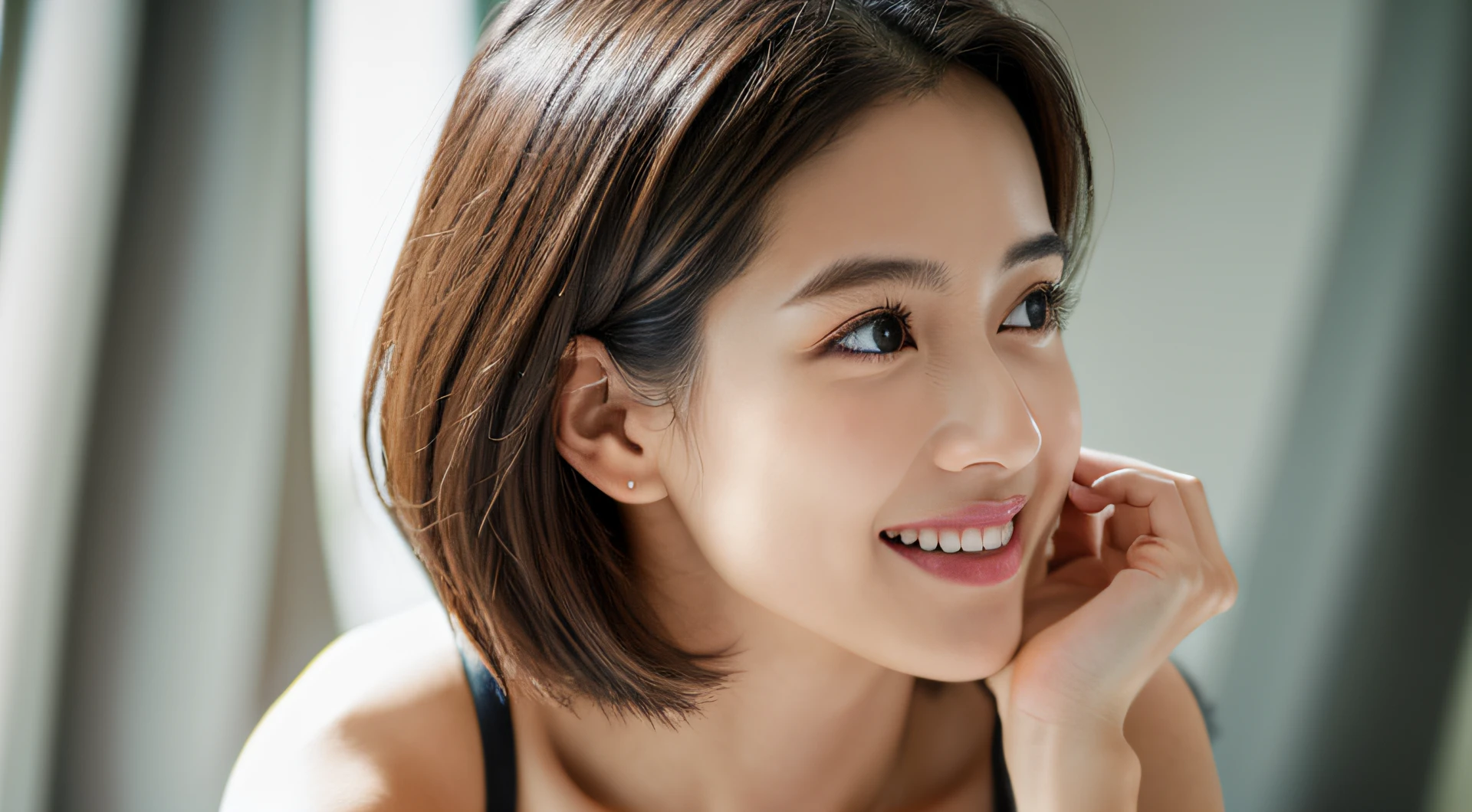 (in 8K, top-quality, masterpiece:1.3, 超A high resolution, A hyper-realistic), high detailing, ((Face like the real thing)), Photorealsitic, Raw foto, ((one beautiful women)), 27yo, Detailed face, beautidful eyes, realisticeyes, Eyes in Beautiful Details, (real looking skin), Beautiful skins, enticing, depth of fields, hight resolution, High pixel count, clear details, sharp photo, Natural color reproduction, Noise Reduction, High fidelity, quality, Software Updates, Optimized algorithms, Inside a luxury hotel room, Everyday clothes, Neat and clean clothing, perfect bodies, face perfect, perfect chest, perfect teeth, Perfect tooth alignment, small tits, Sexy lips, Ears are visible, Looking away, Natural perspective, (Don't look into the viewer's eyes), a smile, kindly smile, Beautiful skins, enticing, the golden ratio, (Detal Face:1.2), profetional lighting, Lighting the face, best light, japanes,japanaese girl, Photo of a cute Japanese woman, Small necklace, Thin Silver Necklace, simple background, (Photo from the side:1.2), Casual pose, Short hair swaying in the wind