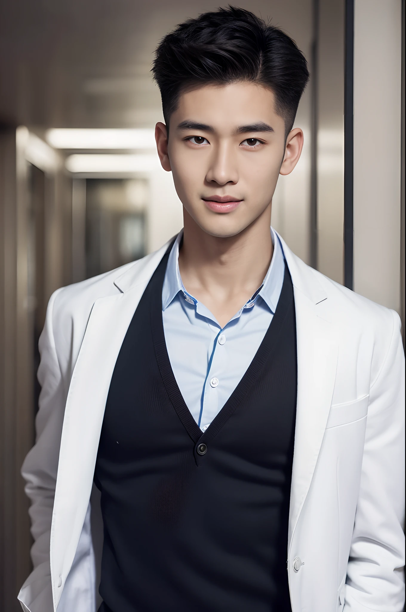 arafed boy in a doctor white coat, a Collared shirt, ((Doctor Style)), a Black pants, a detailed stethoscope, inside hospital, Detailed background, detailed fingers, Full Body Shoot, Quiff haircut, look at camera, detailed facial parts, Manly, Active Boy, Freestyle Pose, Happy Expression, perfect anatomy, symmetric body, asian boy 19 years old, high detail, asian, realistic, human skin, Short Hairstyle, handsome chad chin, handsome, masculine, attractive, human skin, (eyes contact), Handsome, Attractive