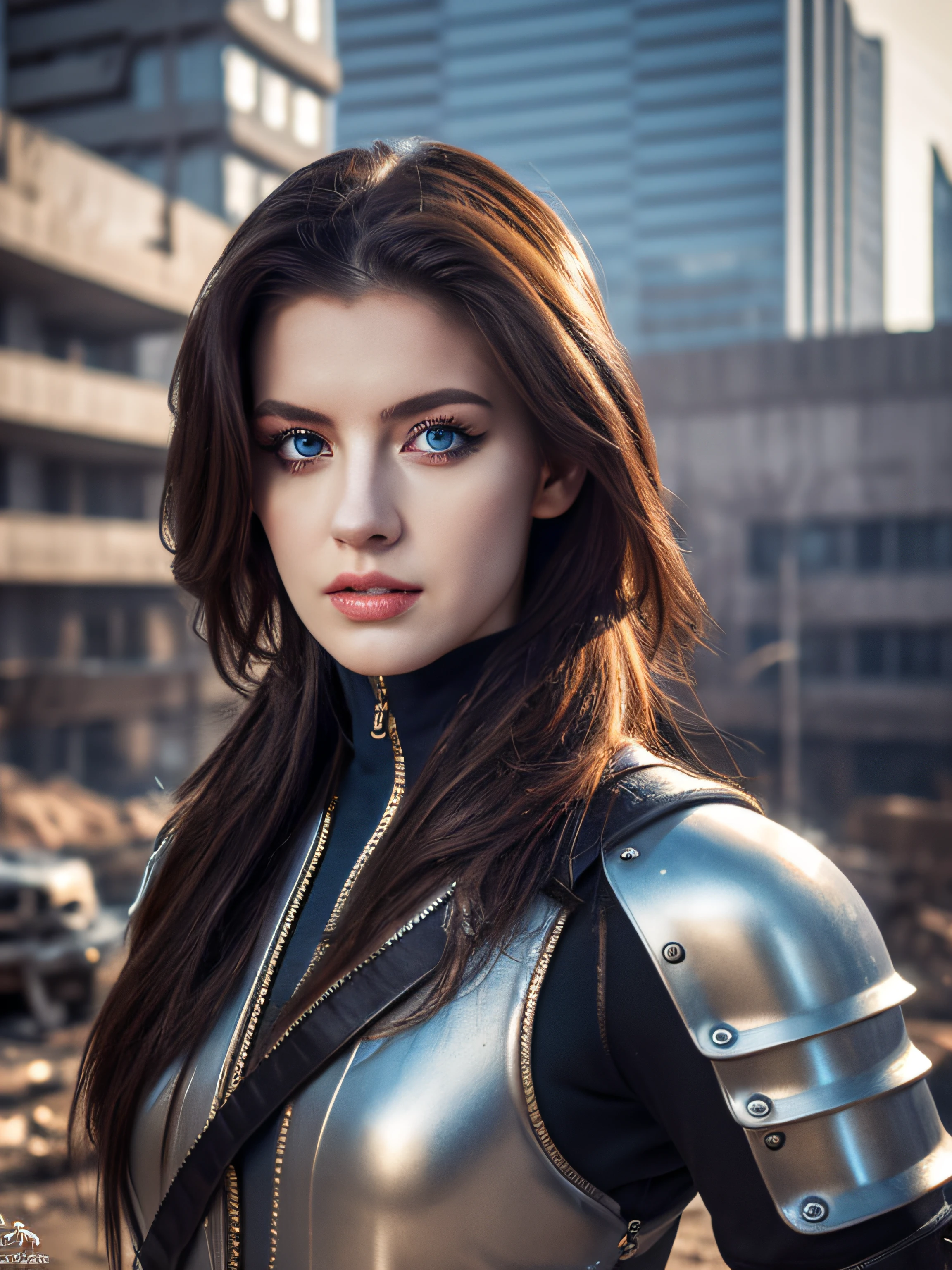 Detailed photo of futuristic beautiful female warrior in dystopian city, Tattered outfit with rusty metal armor plates, long wild hair, Tattoo arms and body, Fashion poses, Blue eyes with round iris, Detailed face, apocalyptic environment, Natural Body Poses, Professional Photographer, Shooting with a professional SLR camera, Professional fantasy artist, Professional Rococo and Baroque background artist, Professional Art Station Artist