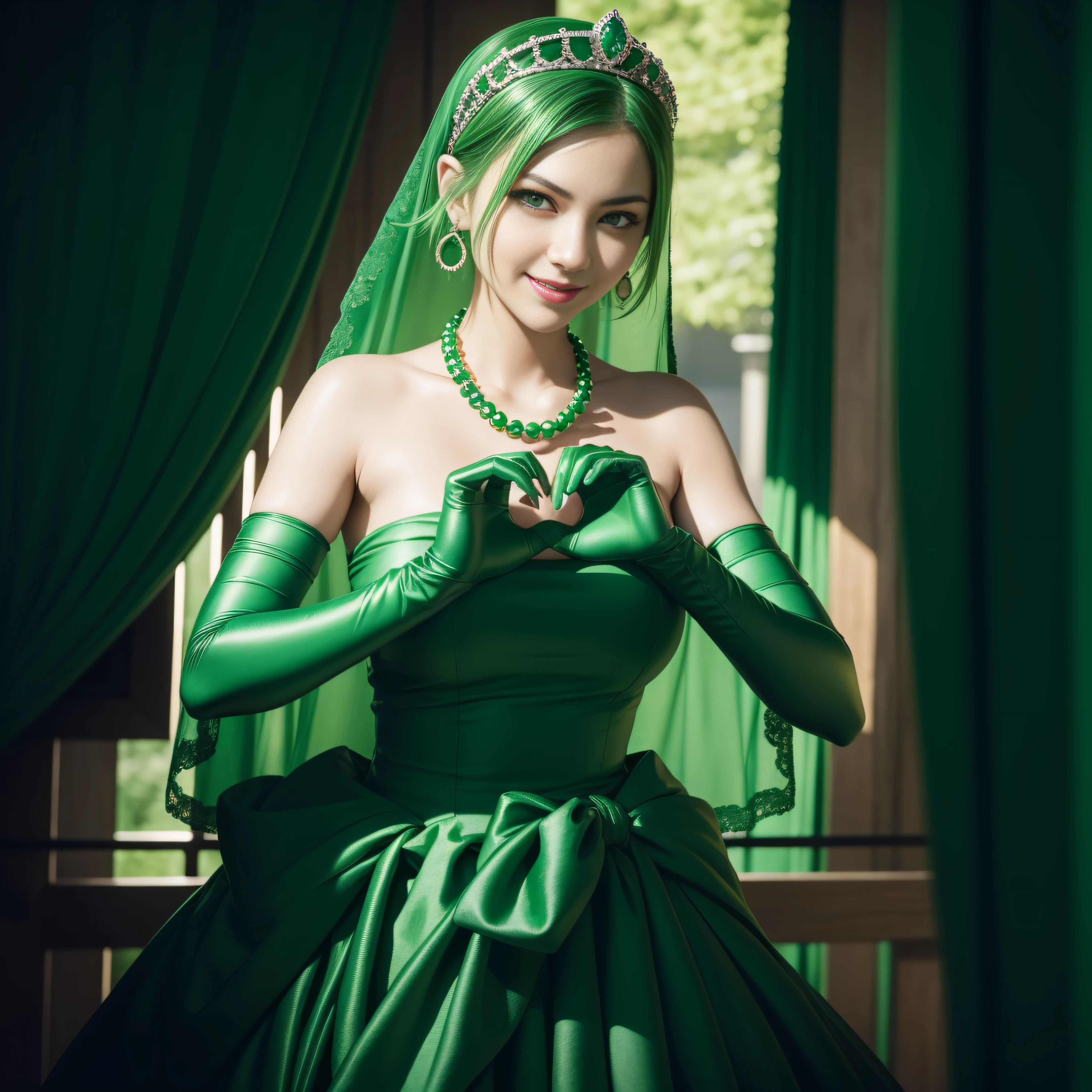 emerald tiara, Green Pearl Necklace, Boyish very short green hair, lipsticks, Japan woman smiling, very short short hair, big breasts beautiful, Green eyes, Long green gloves made of satin material, Green eyes, Emerald Earrings, green vale, Heart with both hands