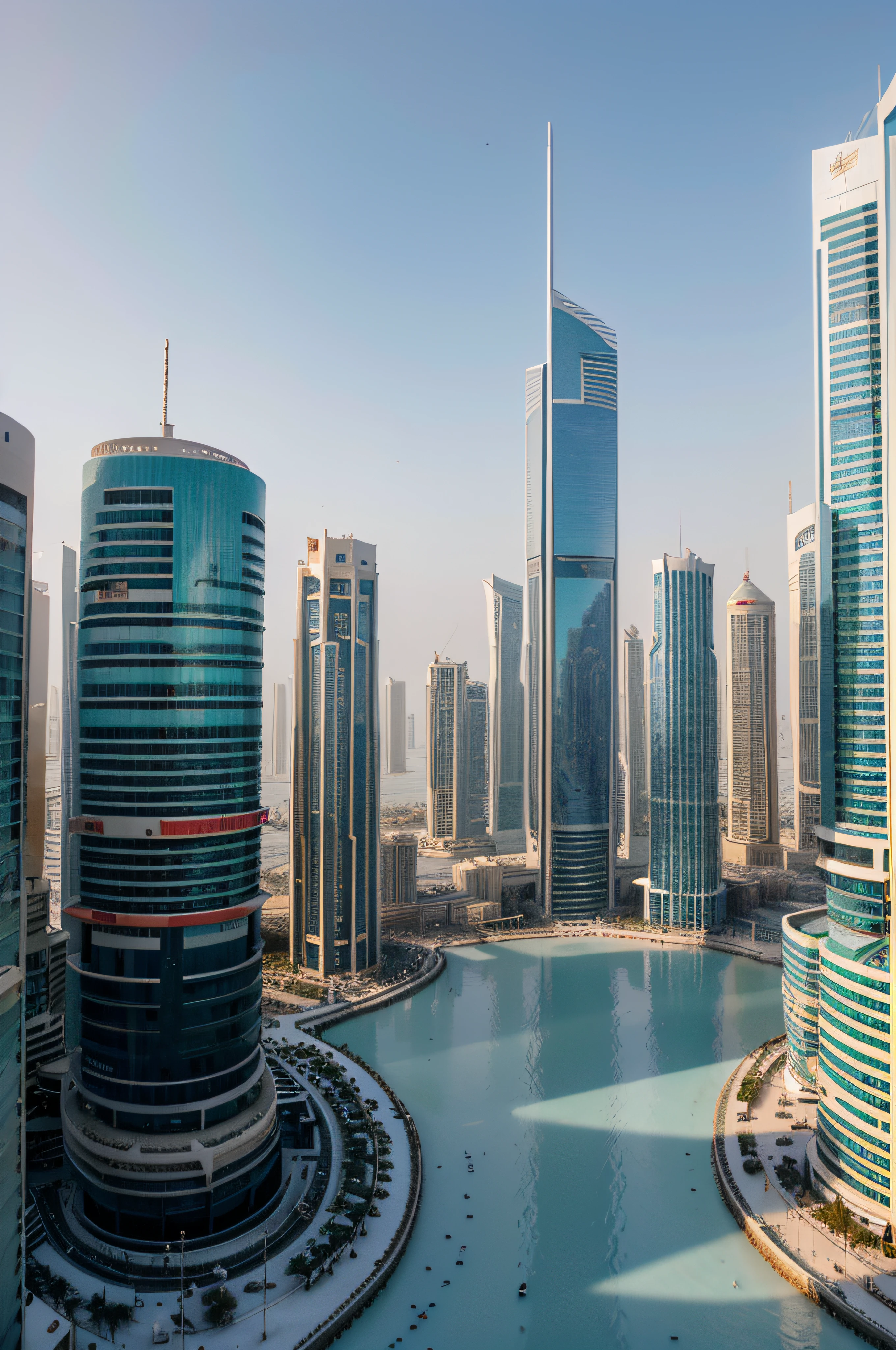 futuristic city of kingdom of bahrain, manama, winter with snow flake, bright color, white and blue, cold, 4K, realistic,beautiful and awesome artwork,