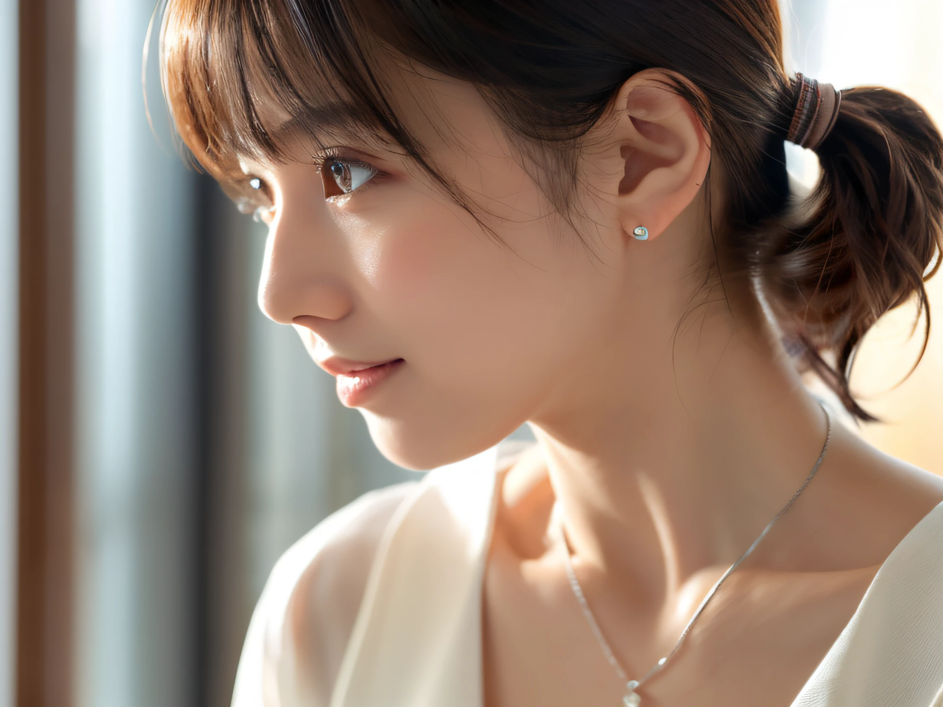 (in 8K, top-quality, ​masterpiece:1.3, 超A high resolution, A hyper-realistic), high detailing, ((Face like the real thing)), Photorealsitic, Raw foto, ((one beautiful women)), 27yo, Detailed face, beautidful eyes, realisticeyes, Eyes in Beautiful Details, (real looking skin), Beautiful skins, enticing, depth of fields, hight resolution, High pixel count, clear details, sharp photo, Natural color reproduction, Noise Reduction, High fidelity, quality, Software Updates, Optimized algorithms, Inside a luxury hotel room, Everyday clothes, Neat and clean clothing, perfect bodies, face perfect, perfect chest, perfect teeth, Perfect tooth alignment, small tits, Sexy lips, Ears are visible, Looking away, Natural perspective, (Don't look into the viewer's eyes), a smile, kindly smile, Beautiful skins, enticing, the golden ratio, (Detal Face:1.2), profetional lighting, Lighting the face, best light, japanes，japanaese girl, Photo of a cute Japanese woman, Small necklace, Thin Silver Necklace, simple background, (Photo from the side:1.2), Casual pose, Short hair swaying in the wind