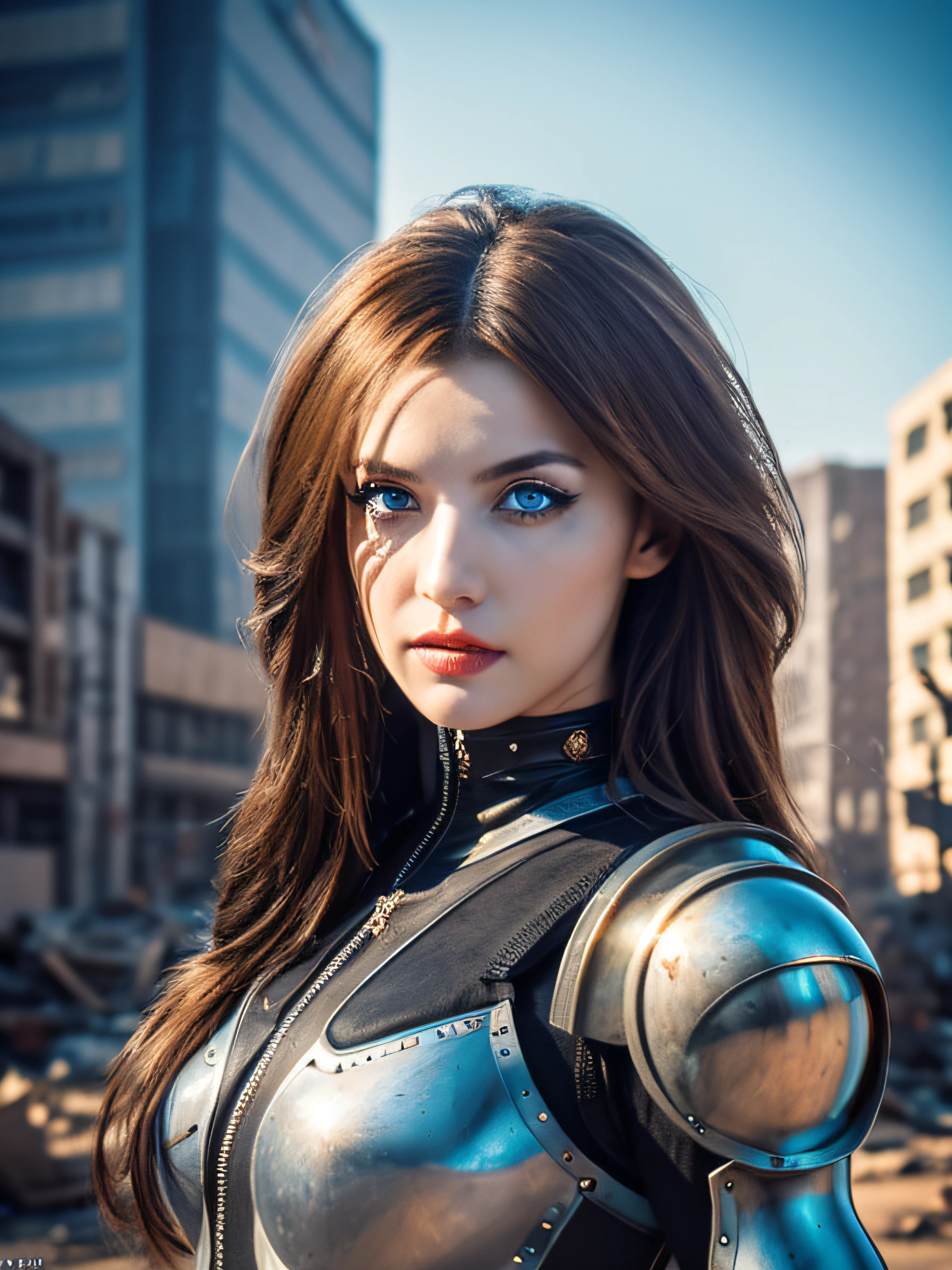 Detailed photo of futuristic beautiful female warrior in dystopian city, Tattered outfit with rusty metal armor plates, long wild hair, Tattoo arms and body, Fashion poses, Blue eyes with round iris, Detailed face, apocalyptic environment, Natural Body Poses, Professional Photographer, Shooting with a professional SLR camera, Professional fantasy artist, Professional Rococo and Baroque background artist, Professional Art Station Artist