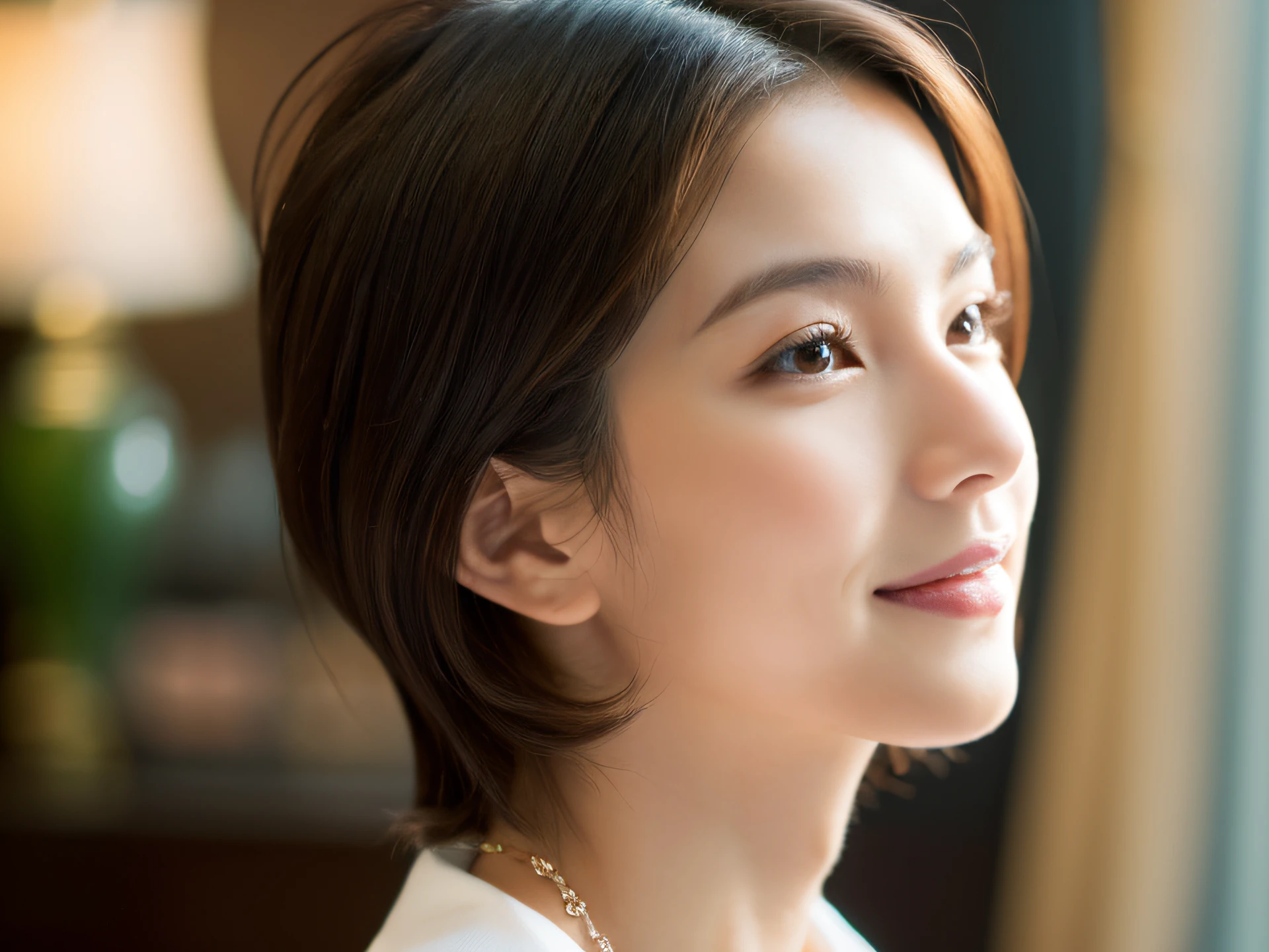 (in 8K, top-quality, masterpiece:1.3, 超A high resolution, A hyper-realistic), high detailing, ((Face like the real thing)), Photorealsitic, Raw foto, ((one beautiful women)), 27yo, Detailed face, beautidful eyes, realisticeyes, Eyes in Beautiful Details, (real looking skin), Beautiful skins, enticing, depth of fields, hight resolution, High pixel count, clear details, sharp photo, Natural color reproduction, Noise Reduction, High fidelity, quality, Software Updates, Optimized algorithms, Inside a luxury hotel room, Everyday clothes, Neat and clean clothing, perfect bodies, face perfect, perfect chest, perfect teeth, Perfect tooth alignment, small tits, Sexy lips, Ears are visible, Looking away, Natural perspective, (Don't look into the viewer's eyes), a smile, kindly smile, Beautiful skins, enticing, the golden ratio, (Detal Face:1.2), profetional lighting, Lighting the face, best light, japanes,japanaese girl, Photo of a cute Japanese woman, Small necklace, Thin Silver Necklace, simple background, (Photo from the side:1.2), Casual pose, Short hair swaying in the wind