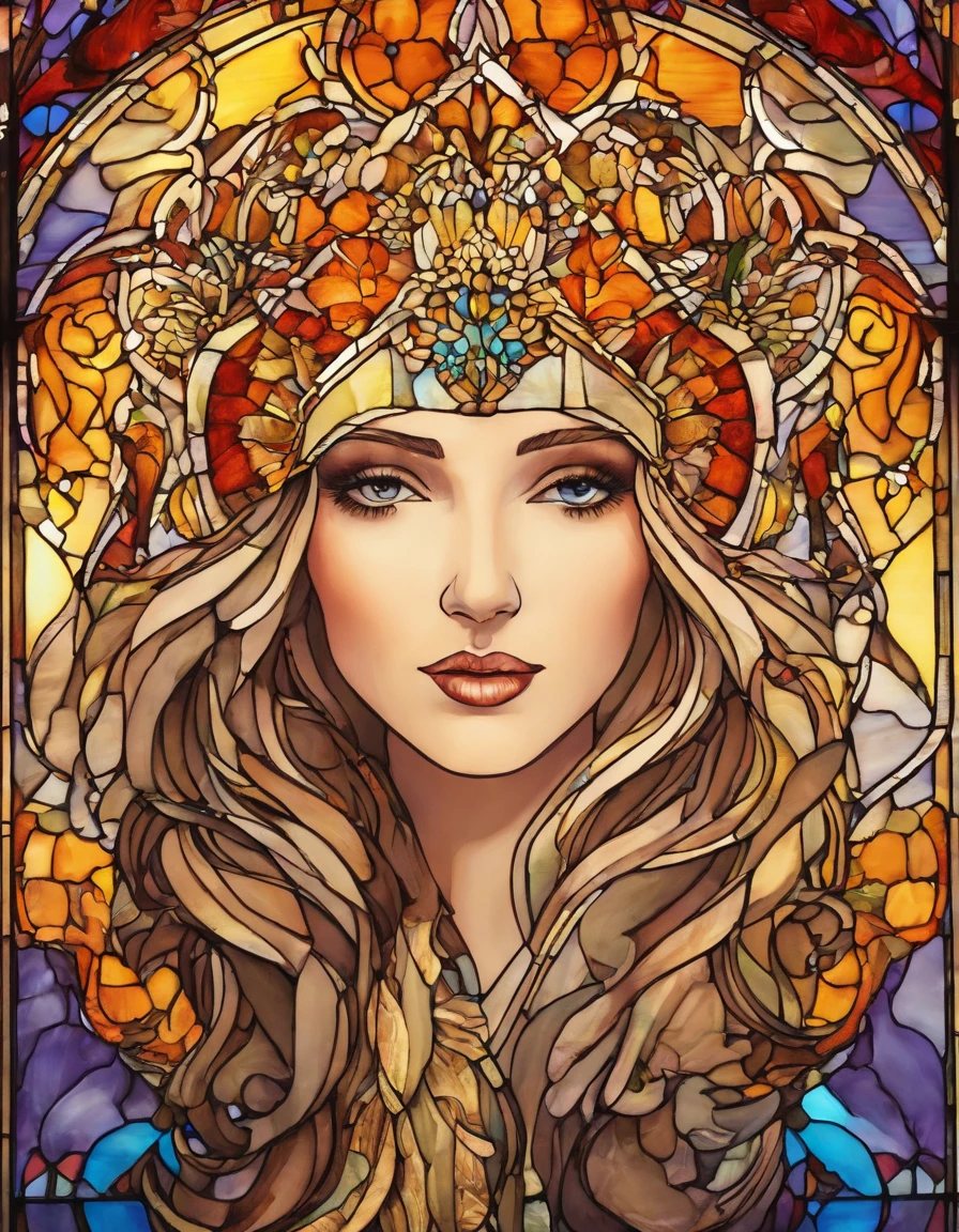 Very pretty face of a European woman caught in a stained glass window, 4K, mucha