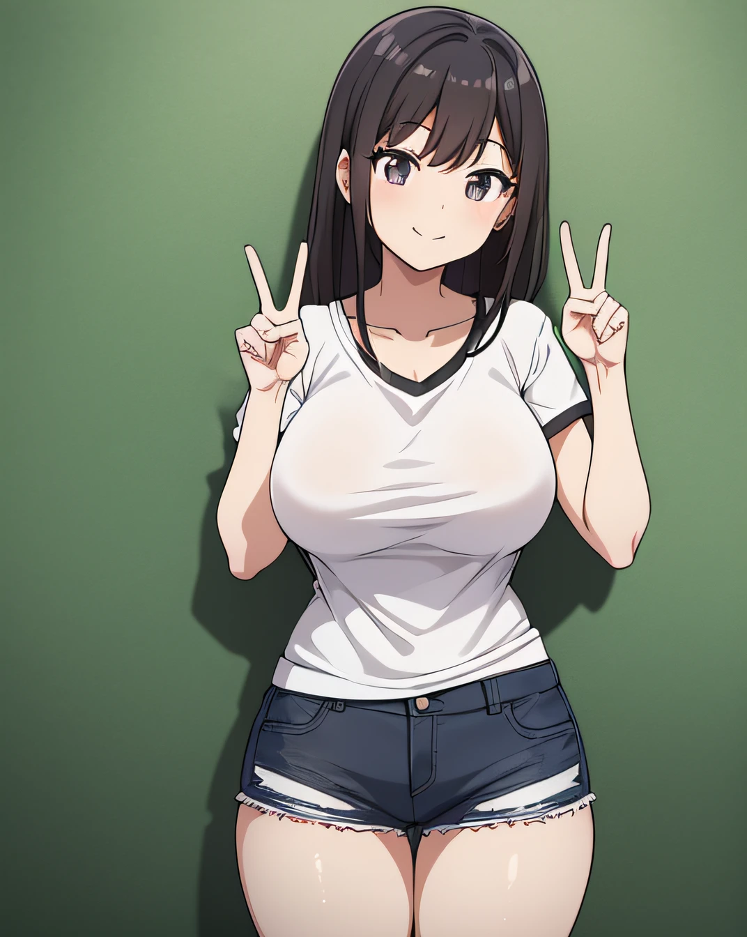 1girl, medium height, black eyes, pink long, thick thighs, sexy smile, wearing plain white shirt, denim shorts, medium size breast, slim waist, perfect fingers, 5fingers, HD, high res, looking at viewer, high quality