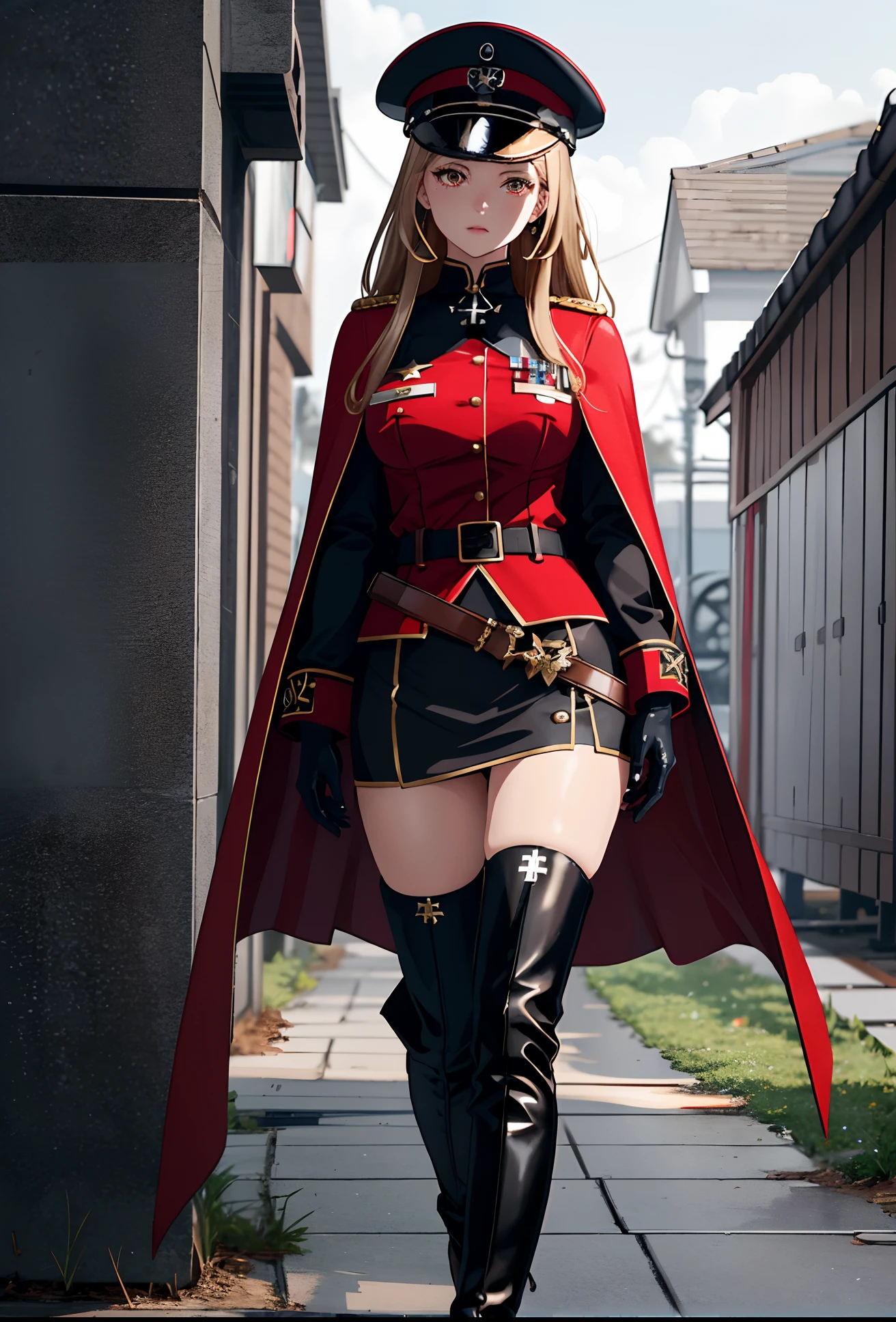 "(best quality,ultra-detailed),girl in SS uniform,dark golden hair,red pupils,long flowing hair, soldier's cap,belt with a sword,knee-high boots,iron cross medal,cape,gloves"
