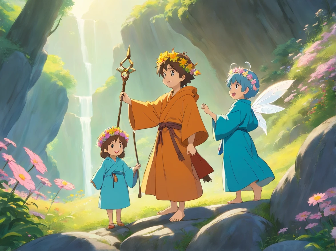 Wear beautiful robes，Wearing a flower crown on his head，With a smile on his face。The standing fairy with a magic wand in her hand was affectionate with the little boy、Little girl talking。They were standing on a huge boulder