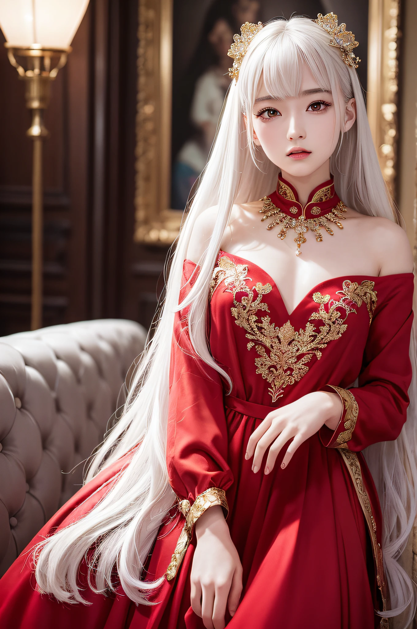 (masterpiece、top-quality、top-quality、Beautifully Aesthetic:1.2)、(1girl in:1.3)、(Fractal art:1.3)、absurderes、masterpiece、top-quality、realisitic、ultra-detailliert、(shinny skin)、Look at viewers、A slender、1girl in、独奏、stright long hair、Princess Cut、red eyes、动态照明、hight resolution、foco nítido、depth of fields、 tiny chest、Vampires、masterpiece、top-quality、ultra-detailliert、Super detailed face、best quality face、20 years old、Adults、1girl in、20 years old、No humans、white hair、Alchemy costume、Intricate detailed costumes、sexy pose、Glowing red dress