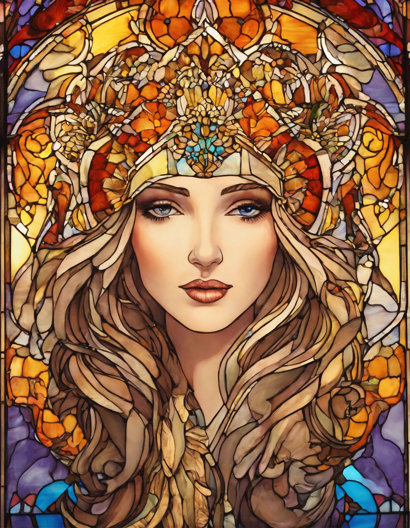 Very pretty face of a European woman caught in a stained glass window, 4K, mucha