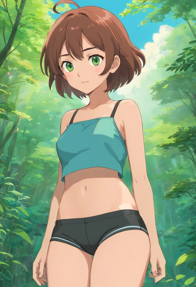 a feminine boy, male, no boobs, very big butt, no breasts, hourglass figure, big thighs, smooth skin, brown very short fluffy boy hair, green eyes, long eyelashes, black eyeliner, e girl fashion short shorts, crop top, seductive pose, colorful animation stills, masami teraoka, paul gauguin, Embry style, honest portrayal