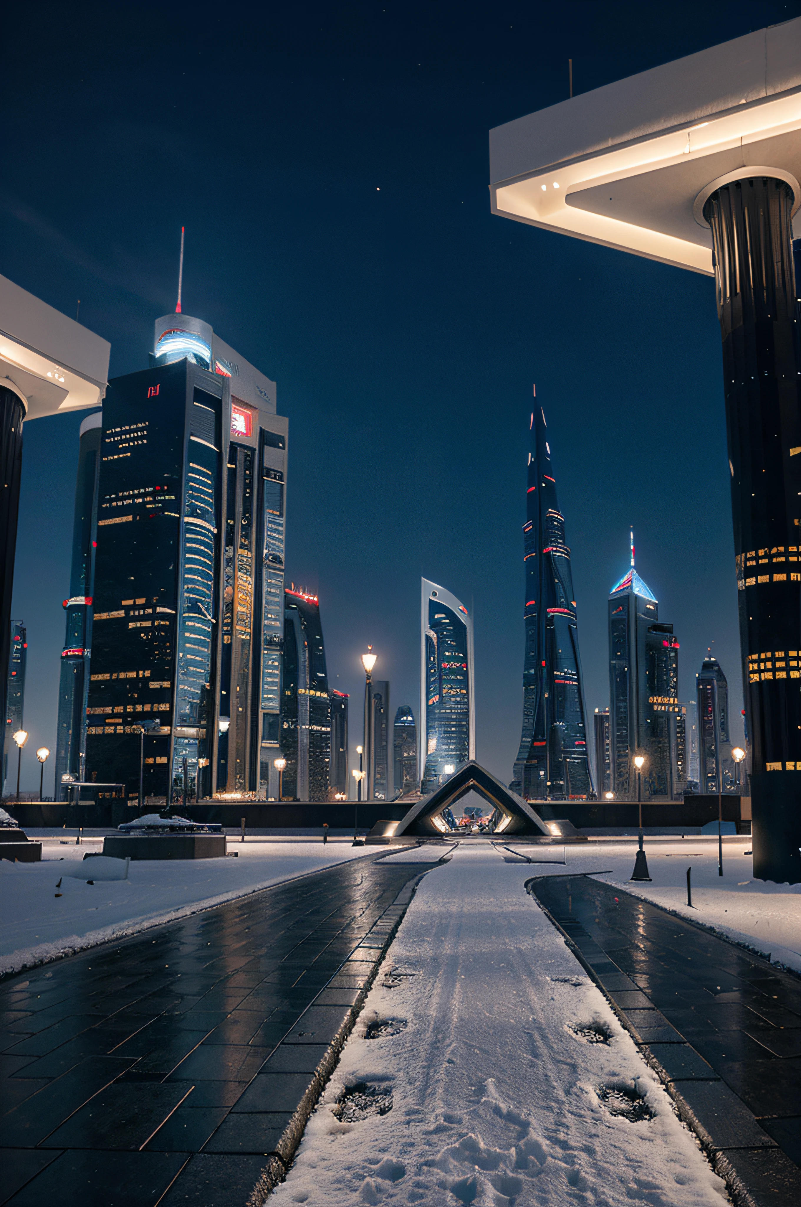 futuristic city of bahrain, winter season with snow, masterpieces, awesome asrtwork