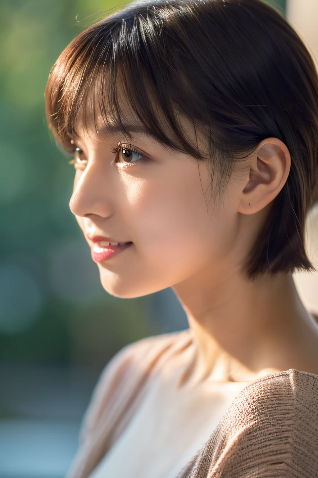 (in 8K, top-quality, ​masterpiece:1.3, 超A high resolution, A hyper-realistic), high detailing, ((Face like the real thing)), Photorealsitic, Raw foto, ((one beautiful women)), 27yo, Detailed face, beautidful eyes, realisticeyes, Eyes in Beautiful Details, (real looking skin), Beautiful skins, enticing, depth of fields, hight resolution, High pixel count, clear details, sharp photo, Natural color reproduction, Noise Reduction, High fidelity, quality, Software Updates, Optimized algorithms, Inside a luxury hotel room, Everyday clothes, Neat and clean clothing, perfect bodies, face perfect, perfect chest, perfect teeth, Perfect tooth alignment, small tits, Sexy lips, Ears are visible, Looking away, Natural perspective, (Don't look into the viewer's eyes), a smile, kindly smile, Beautiful skins, enticing, the golden ratio, (Detal Face:1.2), profetional lighting, Lighting the face, best light, japanes，japanaese girl, Photo of a cute Japanese woman, Small necklace, Thin Silver Necklace, simple background, (Photo from the side:1.2), Casual pose, Short hair swaying in the wind