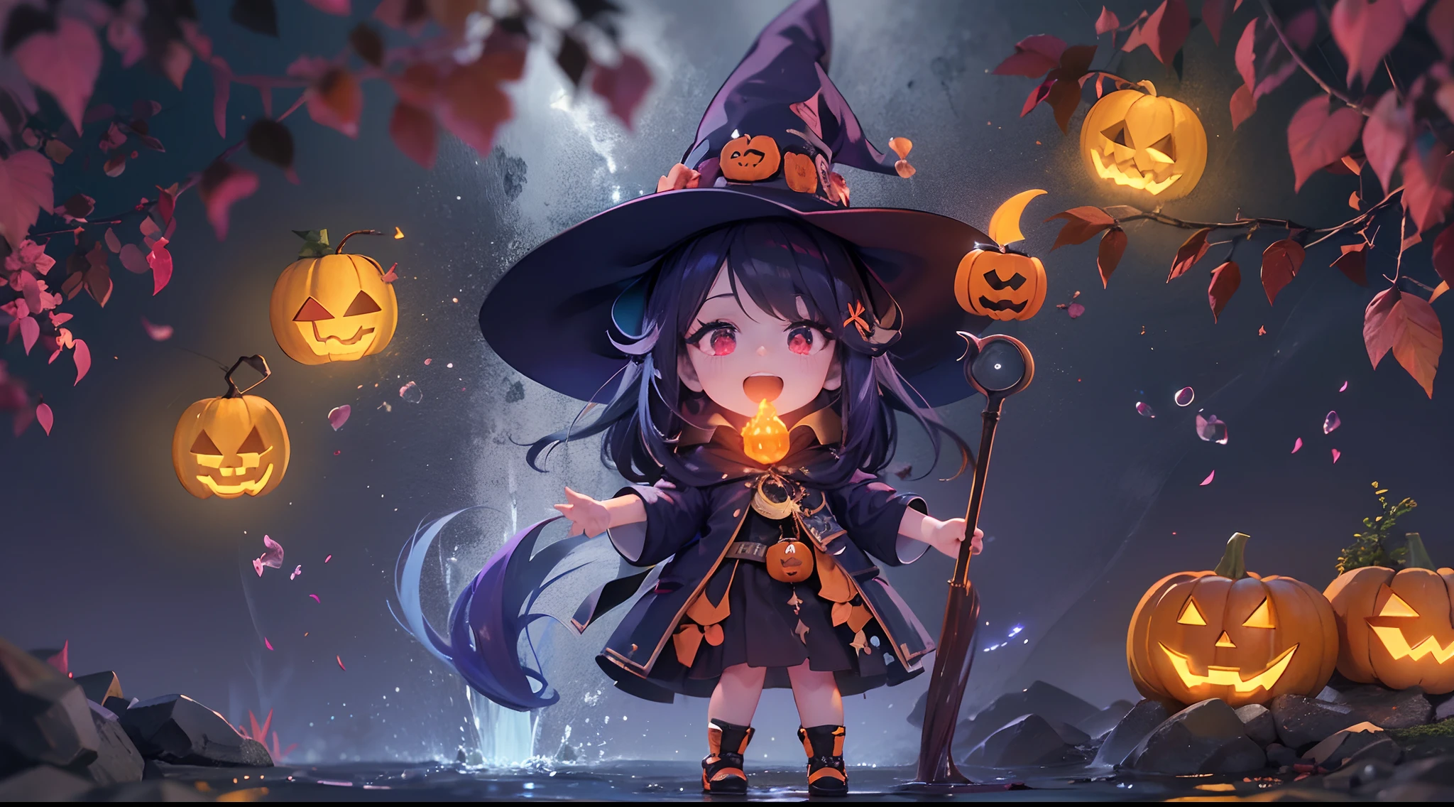 A Witch, full body dynamic poses, witch enjoy a halloween party night, small waterfall, glowing Jack-o'-lantern, half moon, blurred background, ultra high detailed, rich light, rendered by advanced micro devices (AMD RX 7900), 24K super HD resolution, night light effect