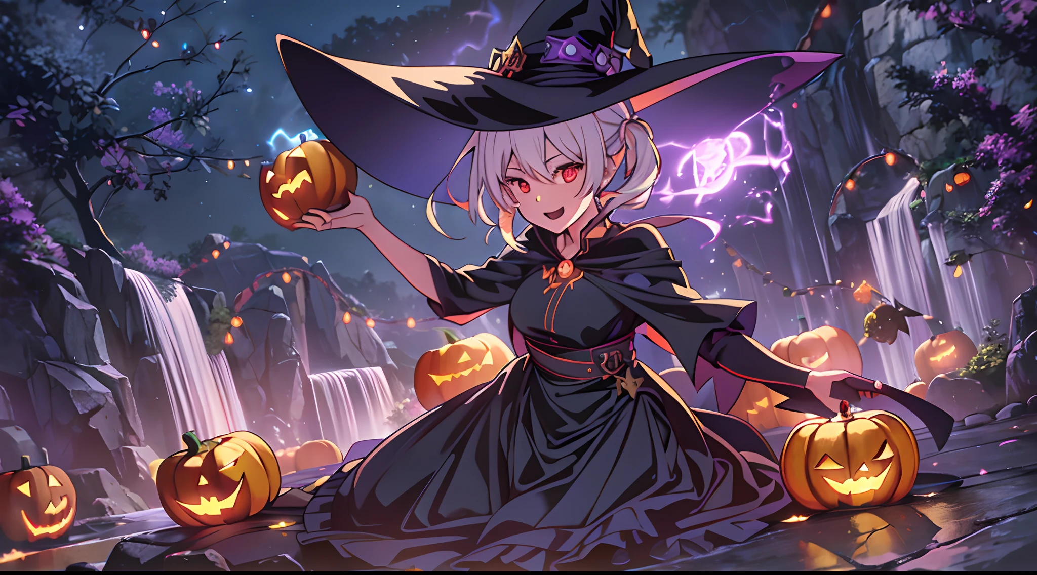 A Witch, full body dynamic poses, witch enjoy a halloween party night, small waterfall, glowing Jack-o'-lantern, half moon, blurred background, ultra high detailed, rich light, rendered by advanced micro devices (AMD RX 7900), 24K super HD resolution, night light effect