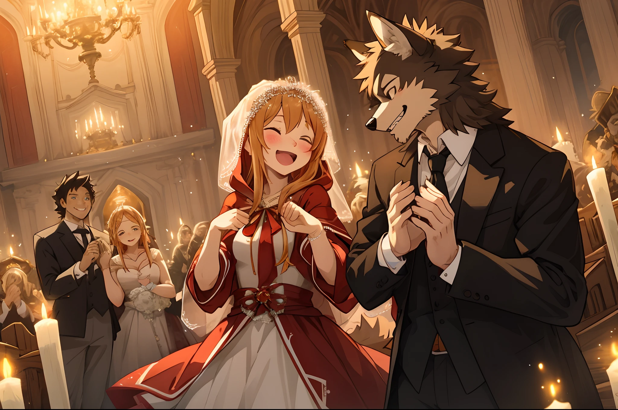 cover_page, Fairy Tail wedding scene, Little Red Riding Hood Wedding with the Wolf, Beautifully dressed old lady in the background, Uncle of a hunter in a stylish suit, Clapping hands in joy and celebrating, Romantic and dreamy atmosphere, Ceremony in a lavishly decorated venue,