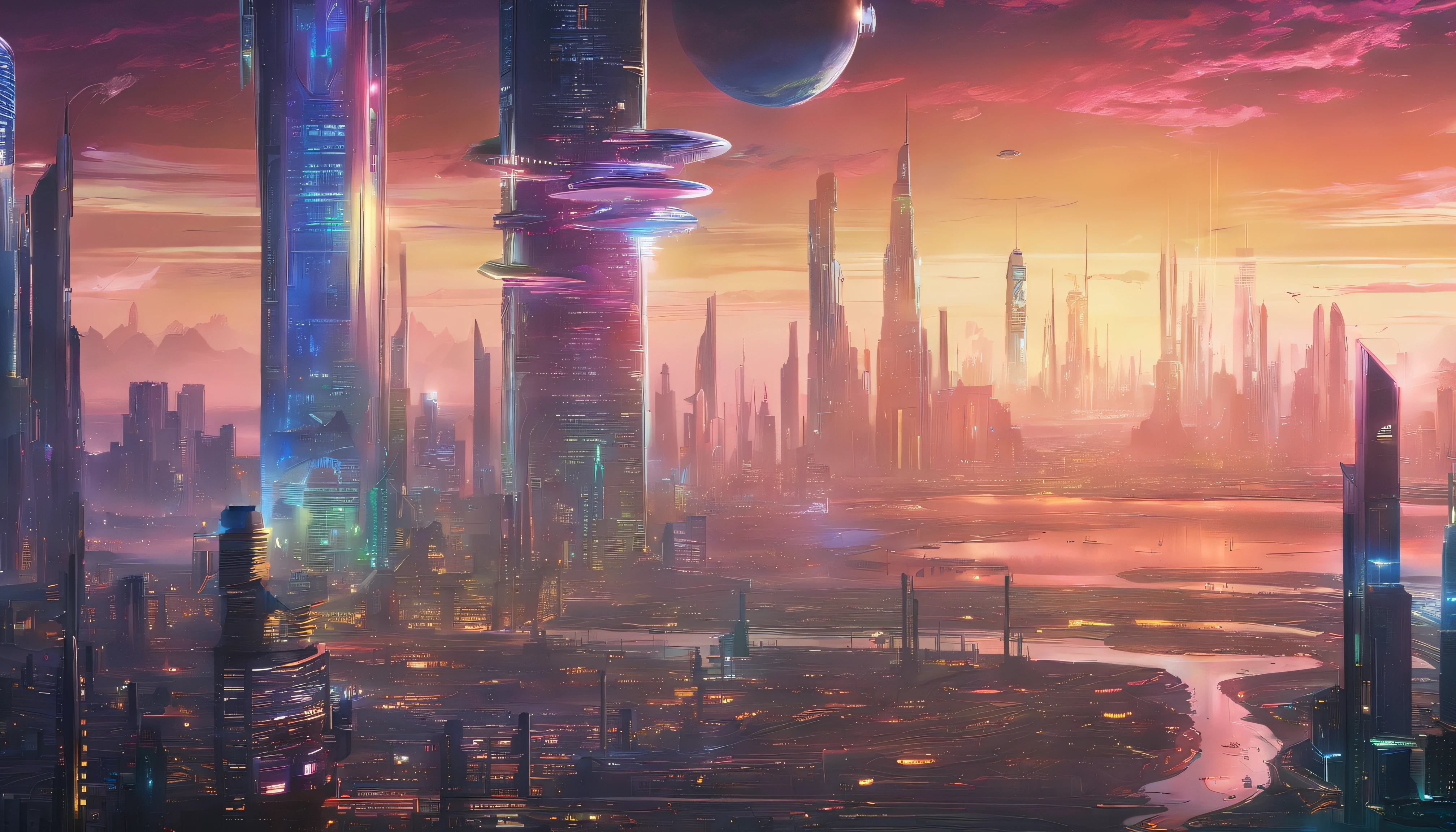cyber punk perssonage、Cidade futuristica、planet earth、Skyscrapers piercing clouds cyberpunk.SFart by、Utopian city、megacity、Dream、top-quality、tmasterpiece、Beautiful futuristic city