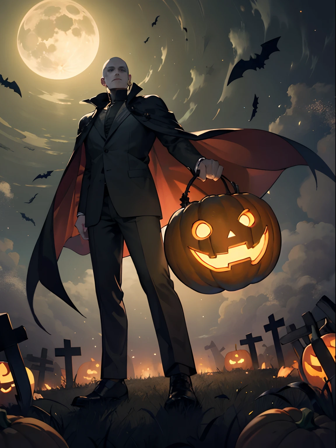 (((masterpiece))),best quality, 1 man, cape, suit, Jack O' Lanterns, in a graveyard, eerie, moonlit, foggy Halloween night, spooky ambiance, wide-angle shot